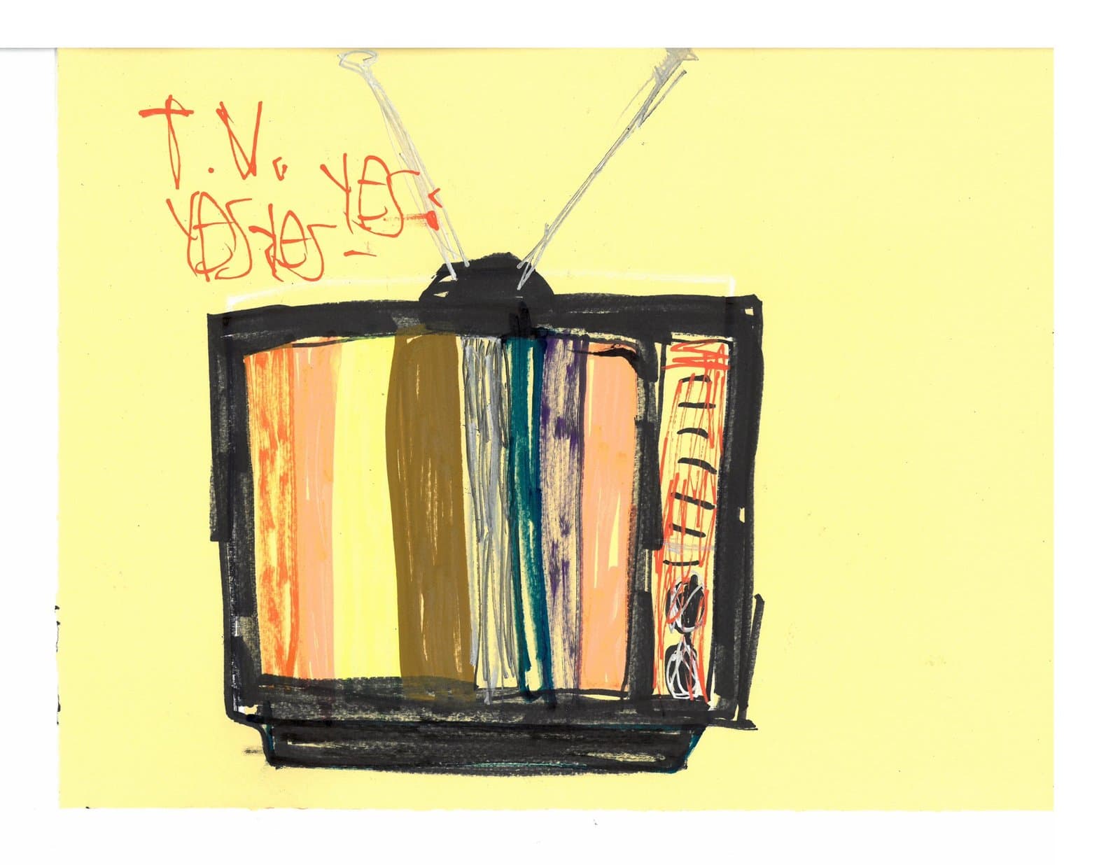 Drawing of a television set with antenna in ink on yellow paper, featuring vertical colored stripes on the screen.