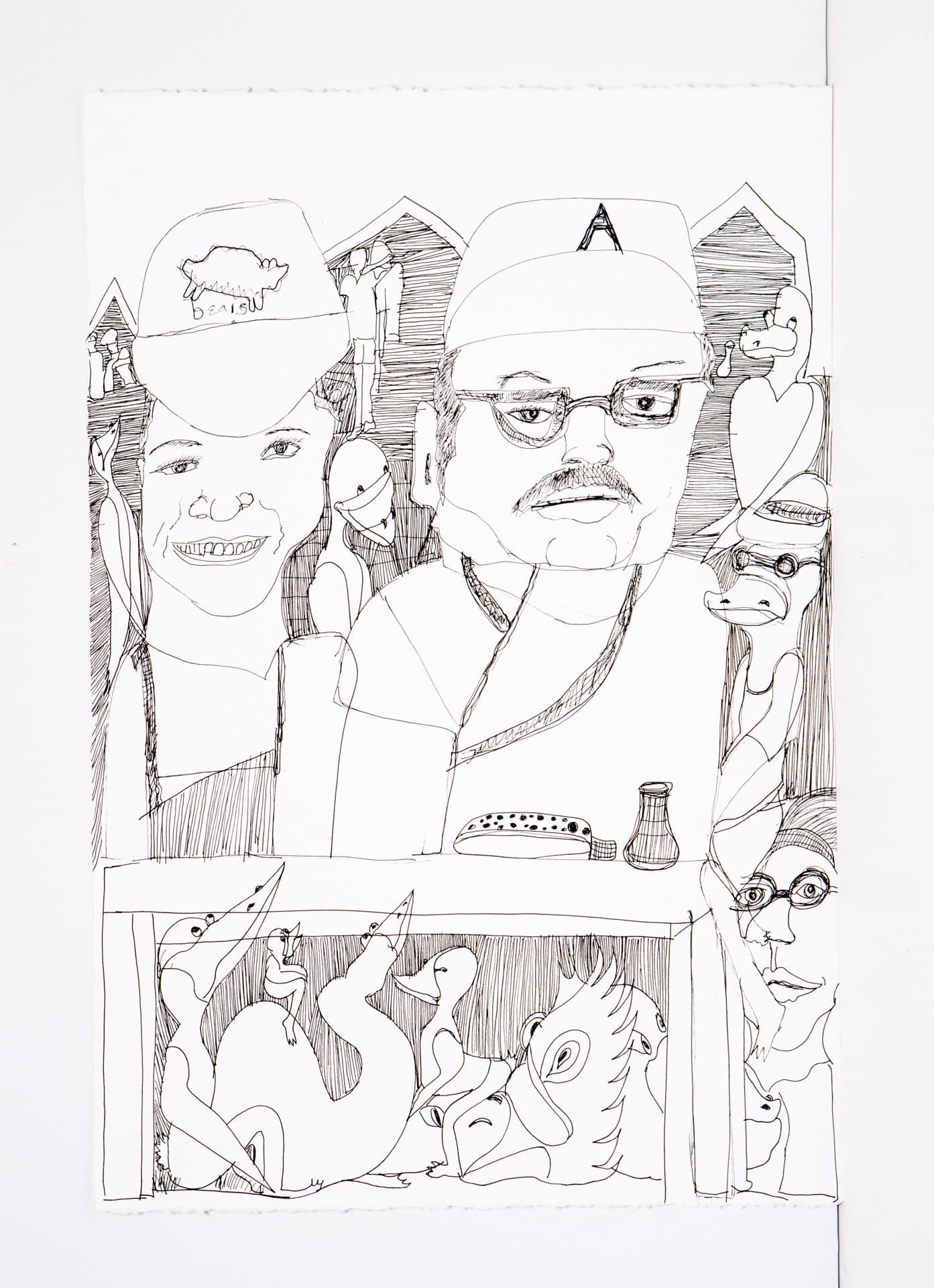 Pen and ink drawing featuring multiple portrait studies and figures on white paper