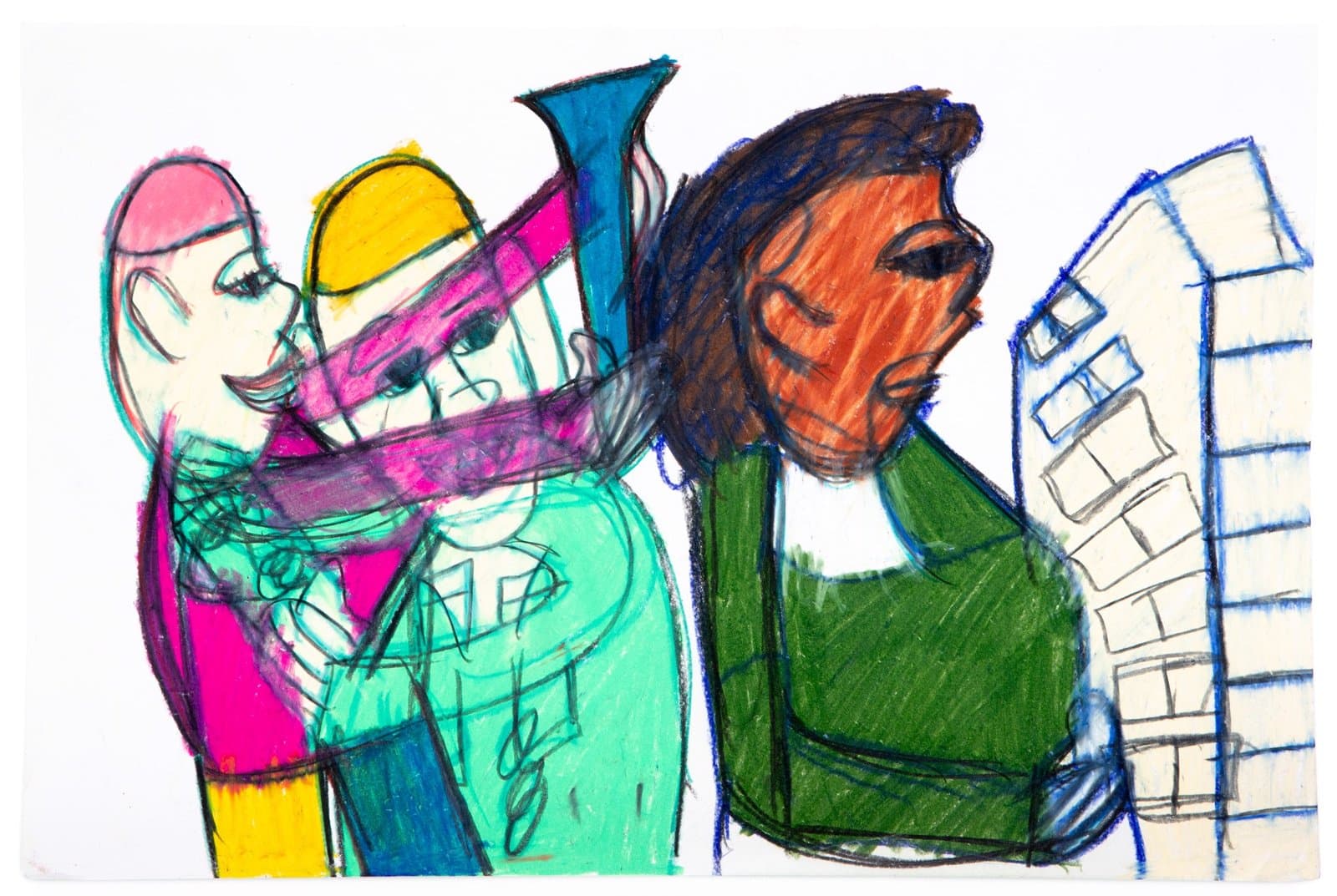 Figurative drawing in pastel showing two musicians, one playing trumpet and one at piano keyboard on white paper.