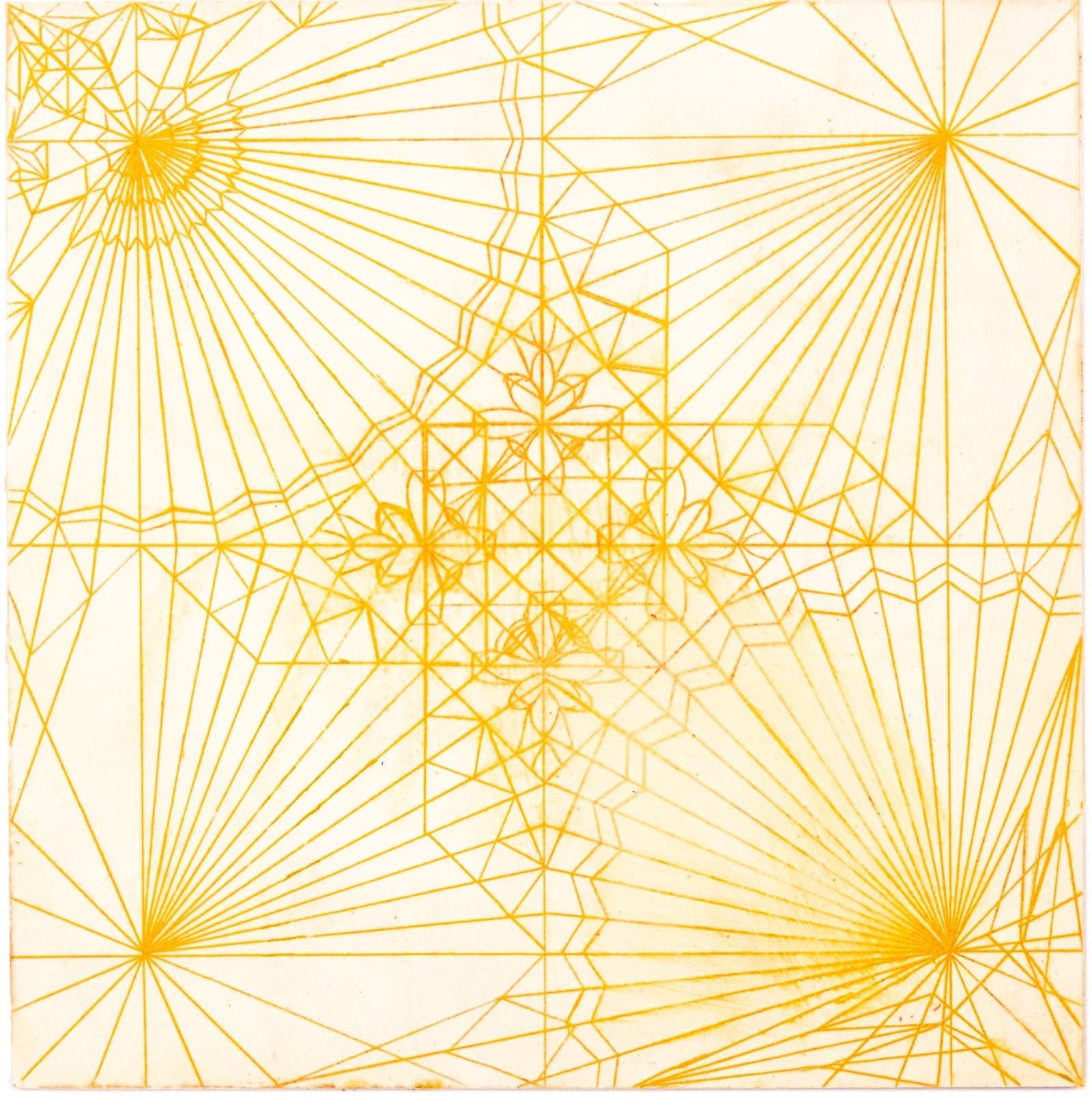 Geometric drawing with yellow radiating lines forming star patterns and grid overlays on cream paper