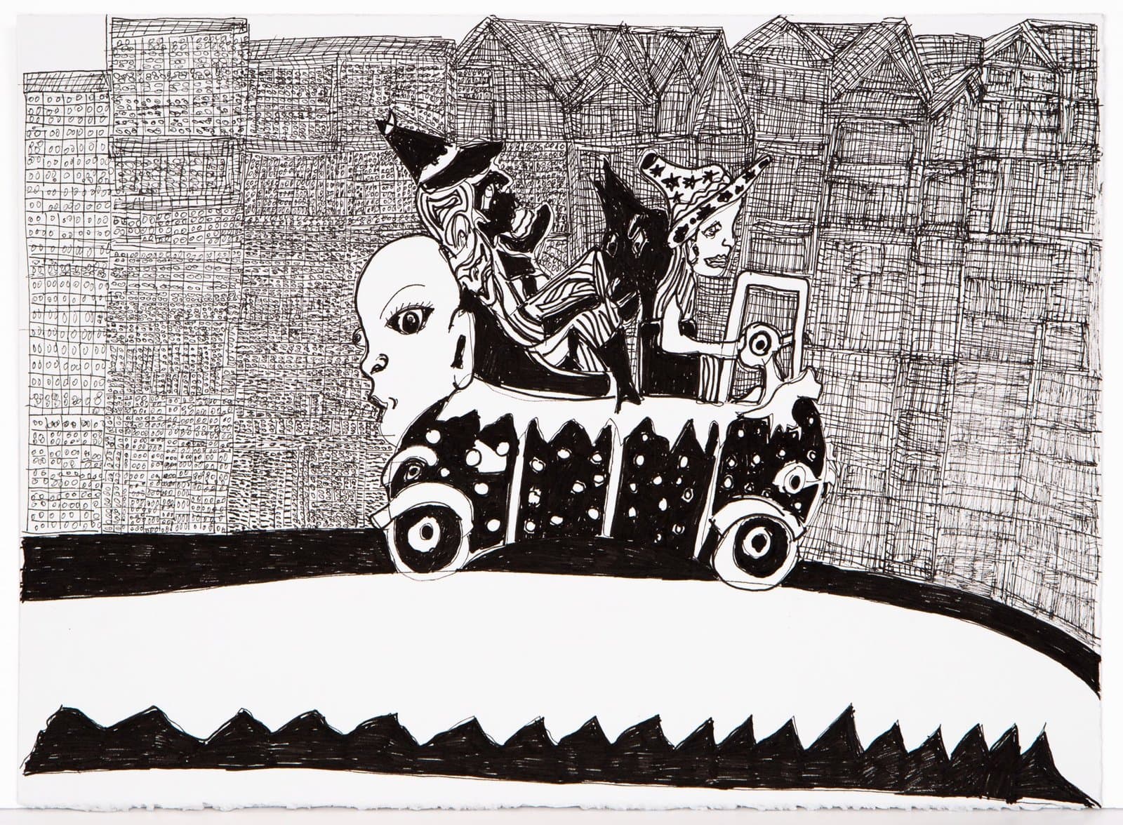 Ink drawing showing a surreal vehicle with human head and polka-dot body, carrying costumed figures through a geometric cityscape.
