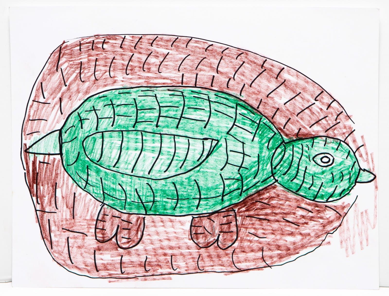 Drawing of a green snake coiled inside a red mouth with teeth, rendered in pen and colored pencil on white paper.