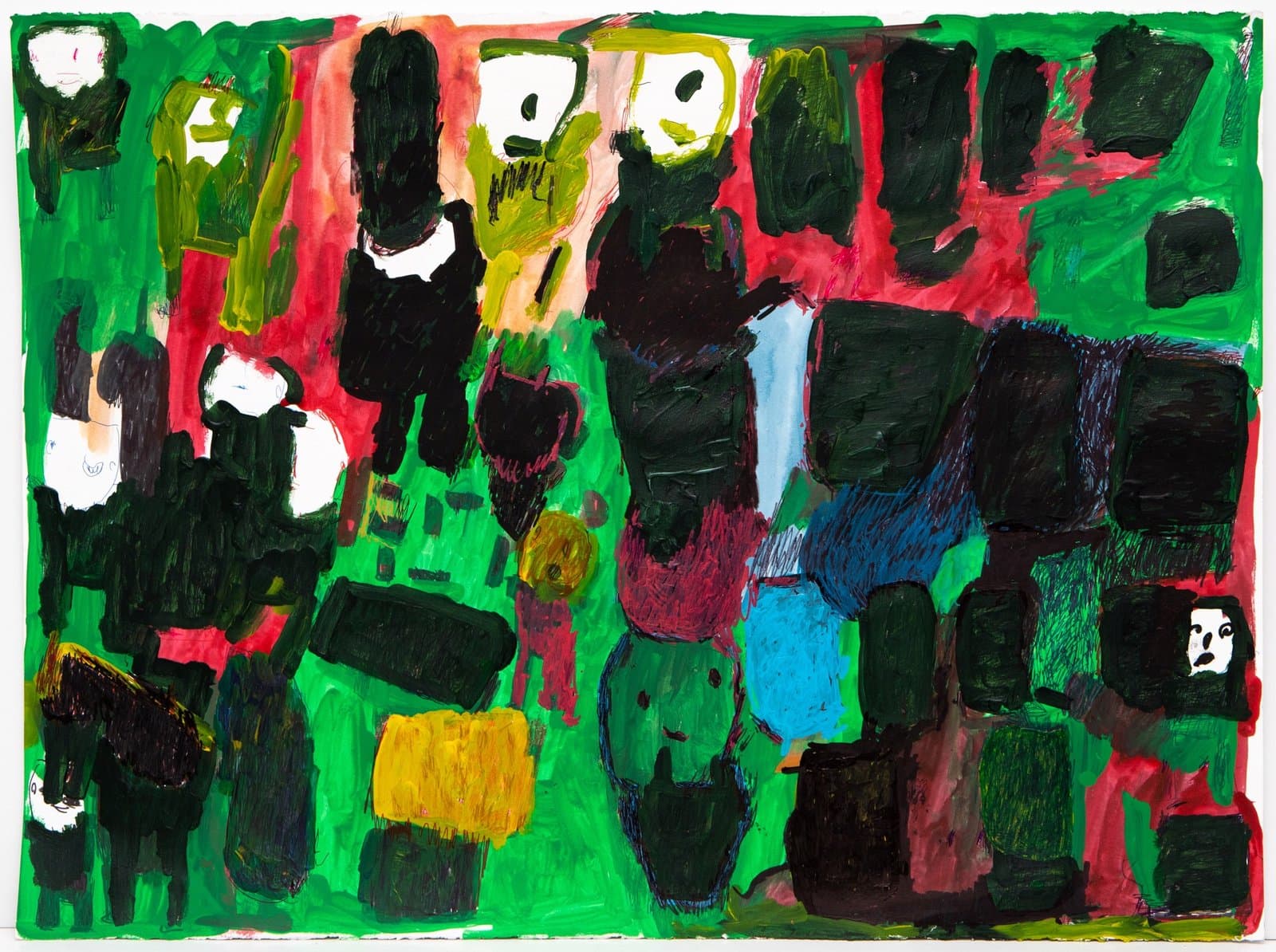 Abstract painting with bold black shapes and colorful patches in green, red, blue, and yellow acrylic and ink on paper.