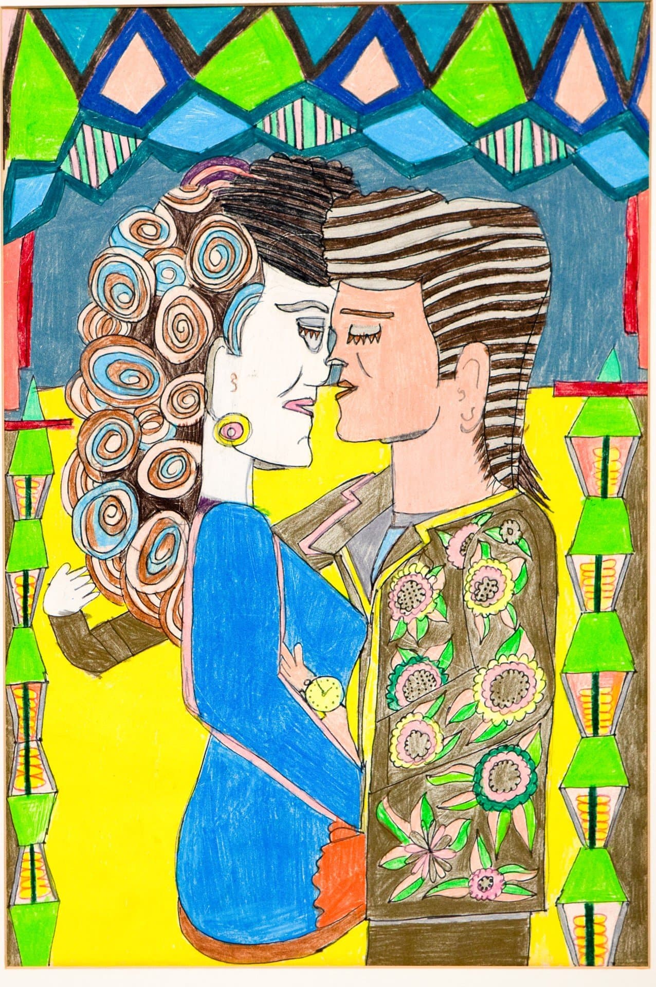 Colored pencil drawing of two figures in profile facing each other, surrounded by geometric patterns and decorative borders