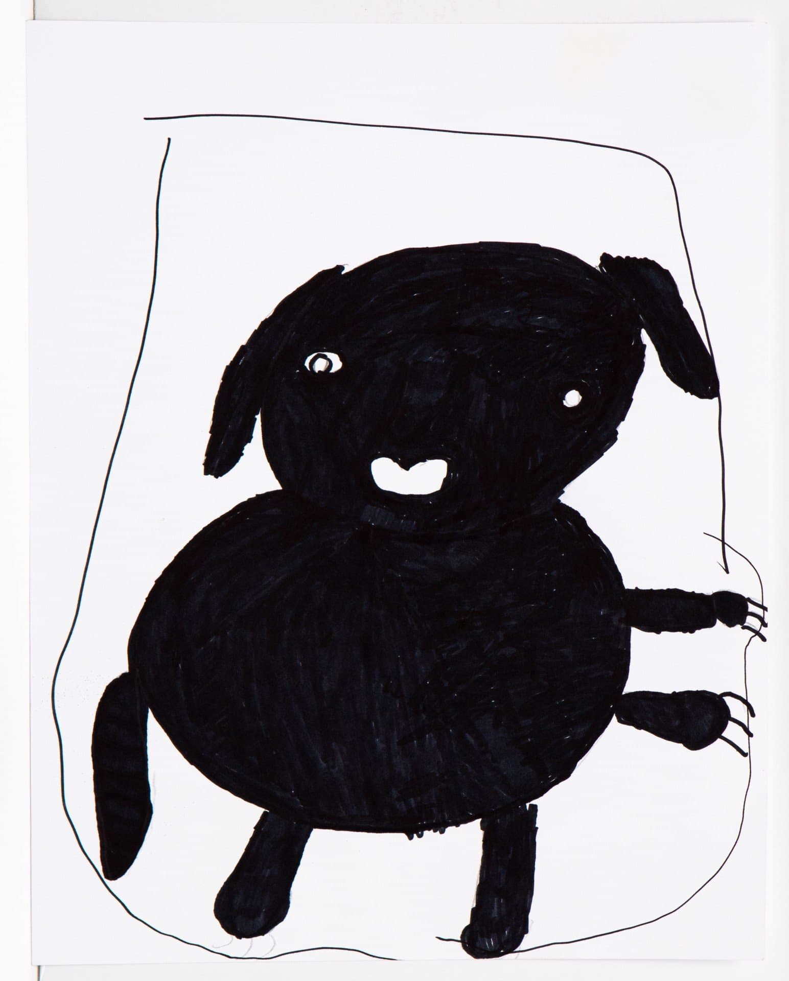 Drawing in black pen of a dog-like figure with white facial features enclosed in a curved border on white paper.
