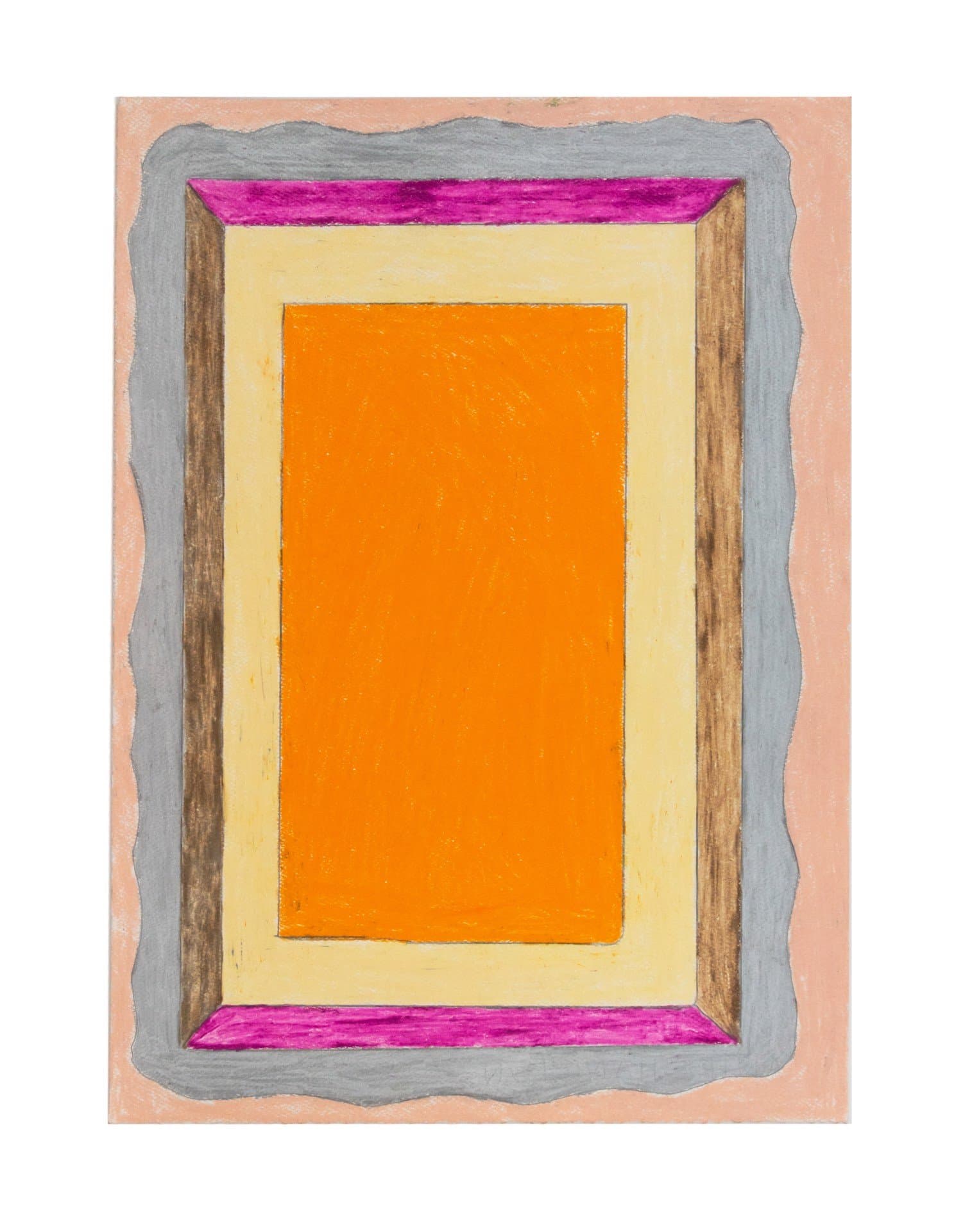 Abstract drawing in colored pencil with concentric rectangular frames in orange, yellow, brown, magenta, and gray on paper.