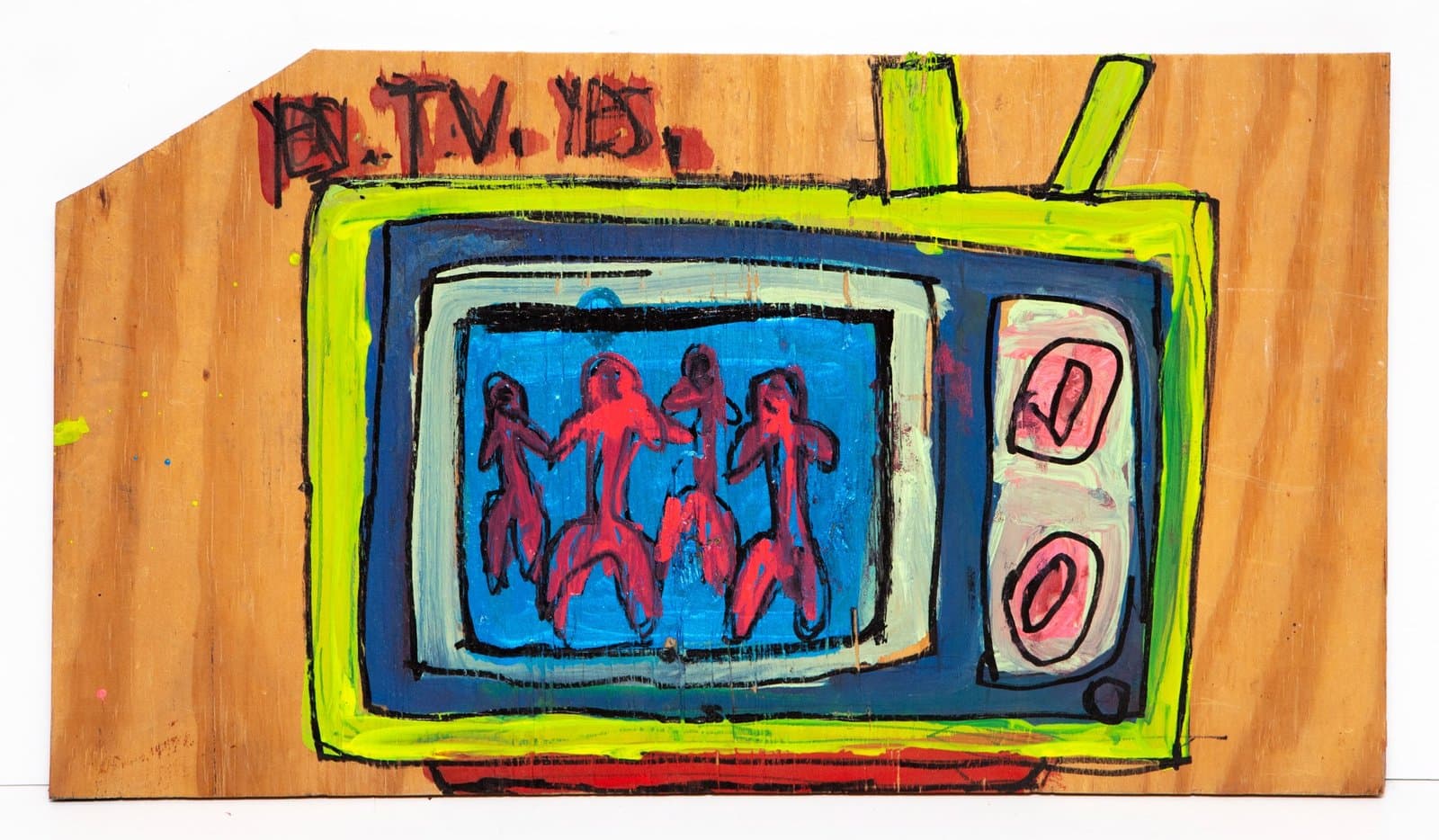 Mixed media drawing of a vintage television set on wood showing red figures on blue screen with antenna and control knobs.