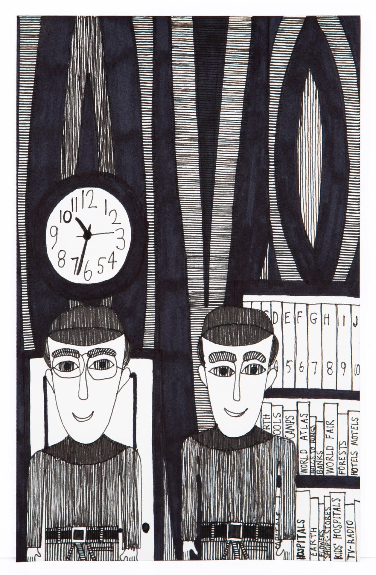 Black ink drawing on white paper showing two stylized figures with geometric faces beneath a clock and striped patterns.