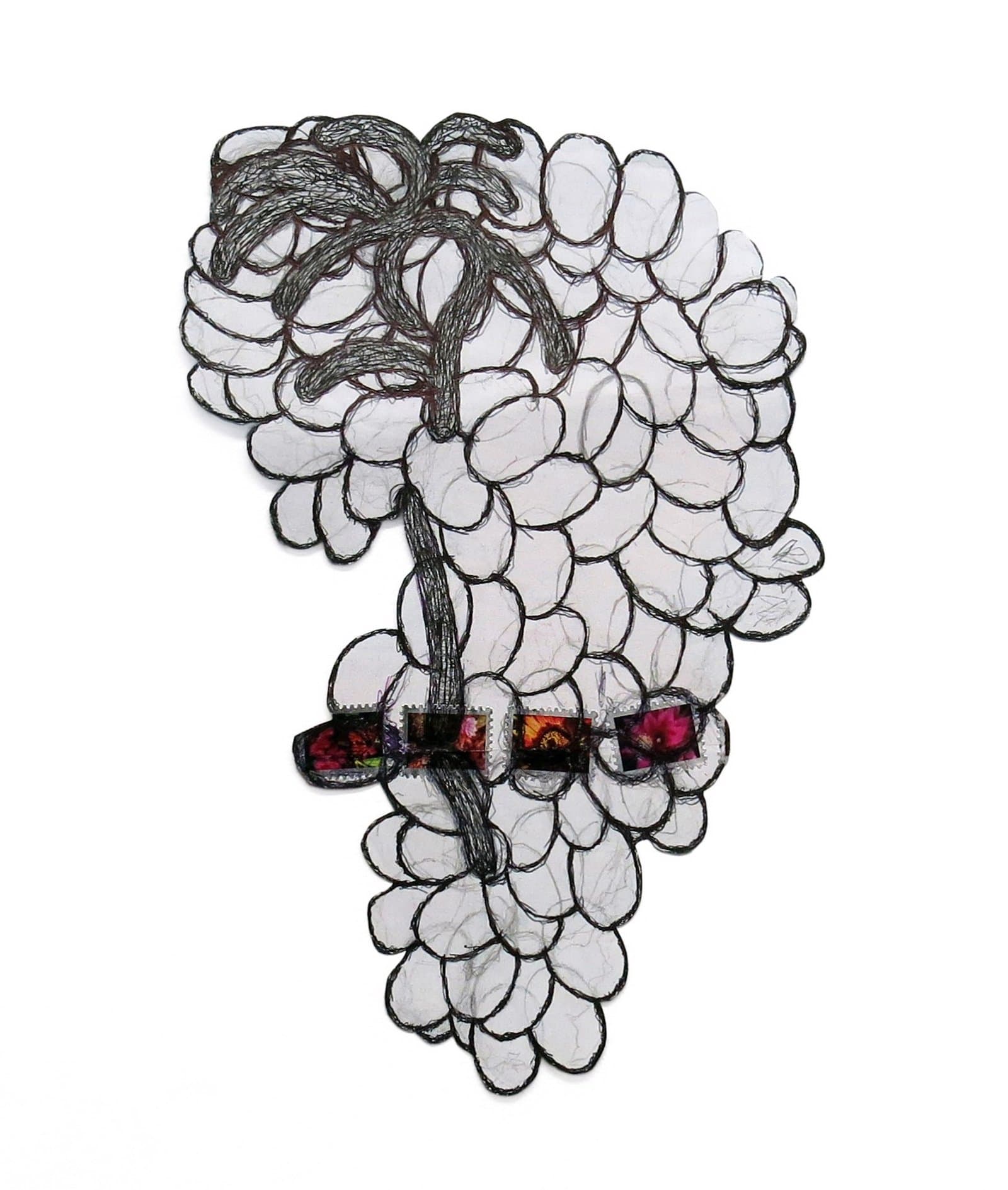 Mixed media artwork depicting a cluster of grapes with pale purple fruits and dark twisted vine, embellished with sequins