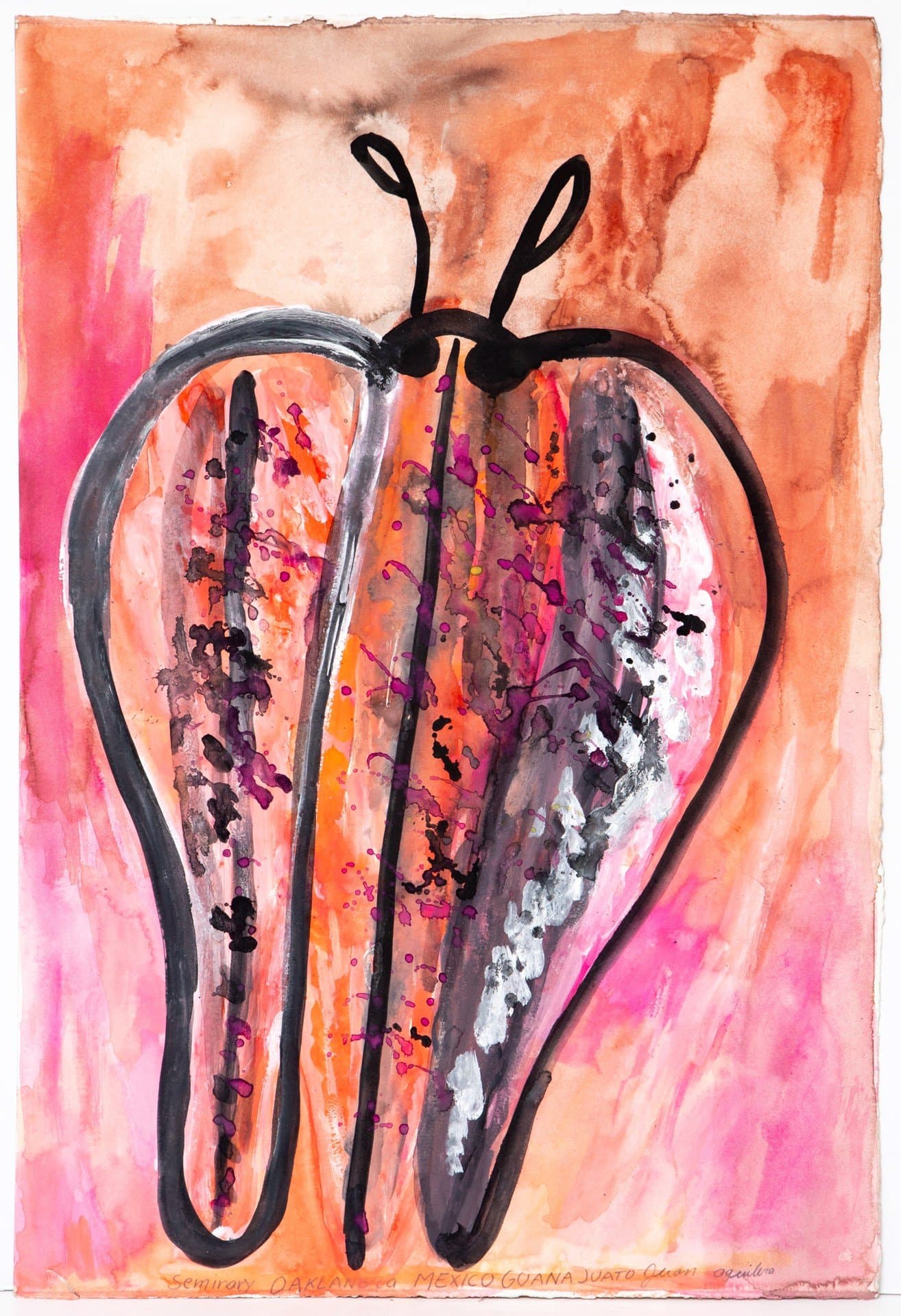 Watercolor painting of a heart-shaped butterfly with black outline and colorful wings on pink and orange background.