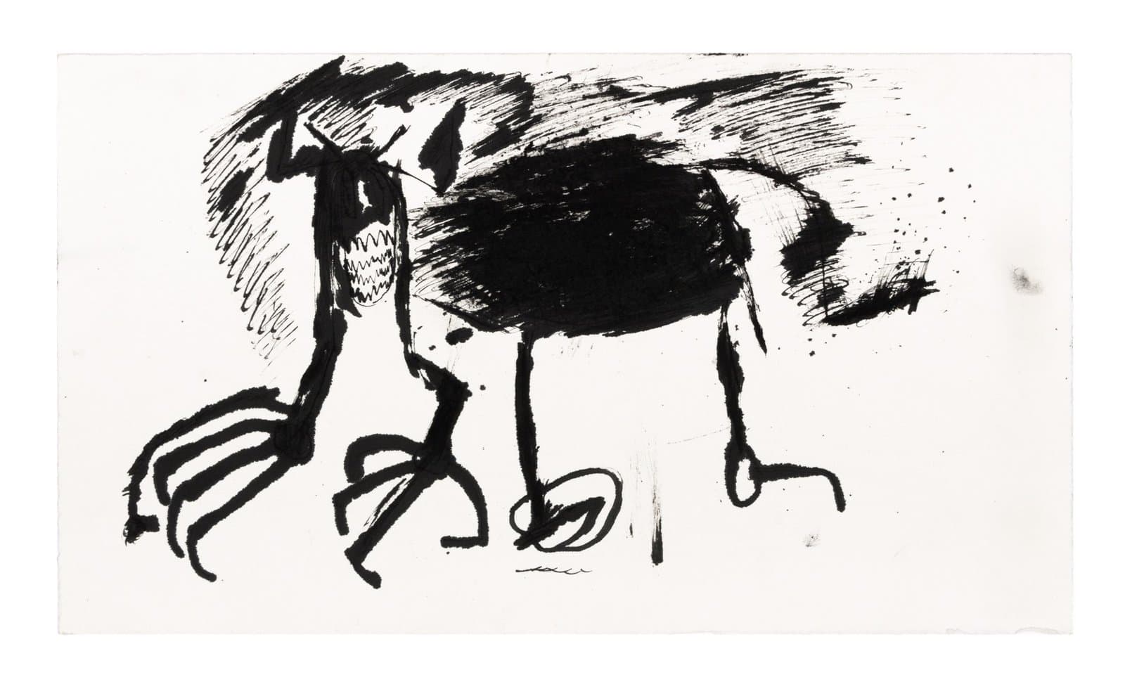 Black ink drawing on white paper depicting an abstract animal-like figure with loose, gestural brushstrokes