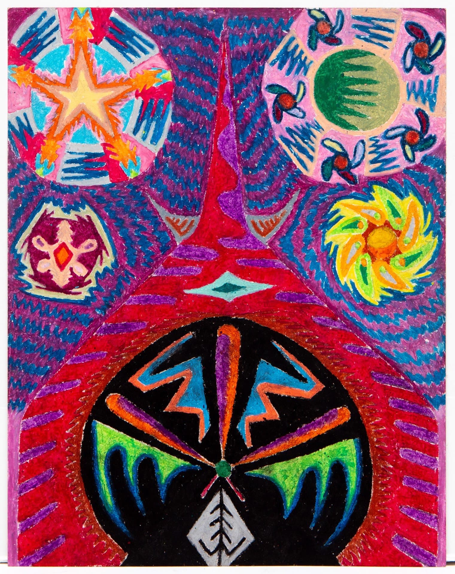 Colorful pastel drawing with central circular mandala, cosmic elements, and vibrant swirling patterns
