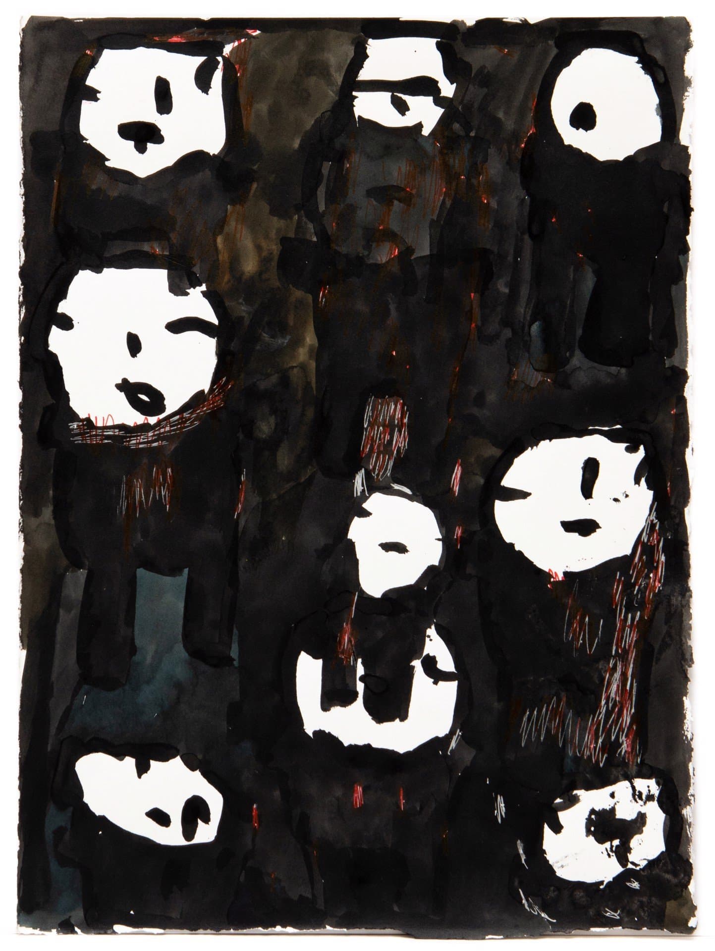 Ink and watercolor painting with multiple white mask-like faces arranged in a grid pattern on dark background.