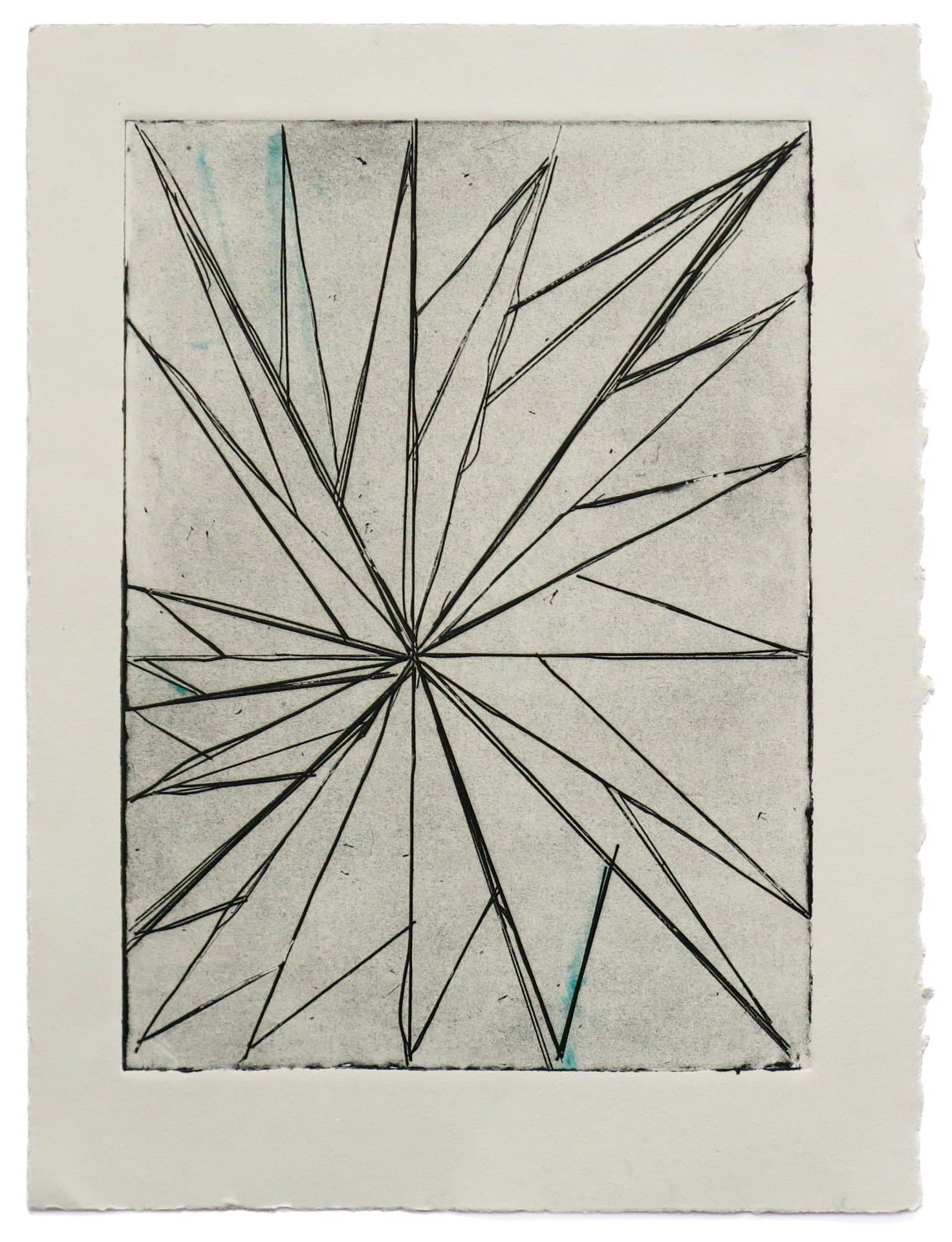 Etching of a geometric star pattern with radiating lines extending from center point on cream-colored paper.