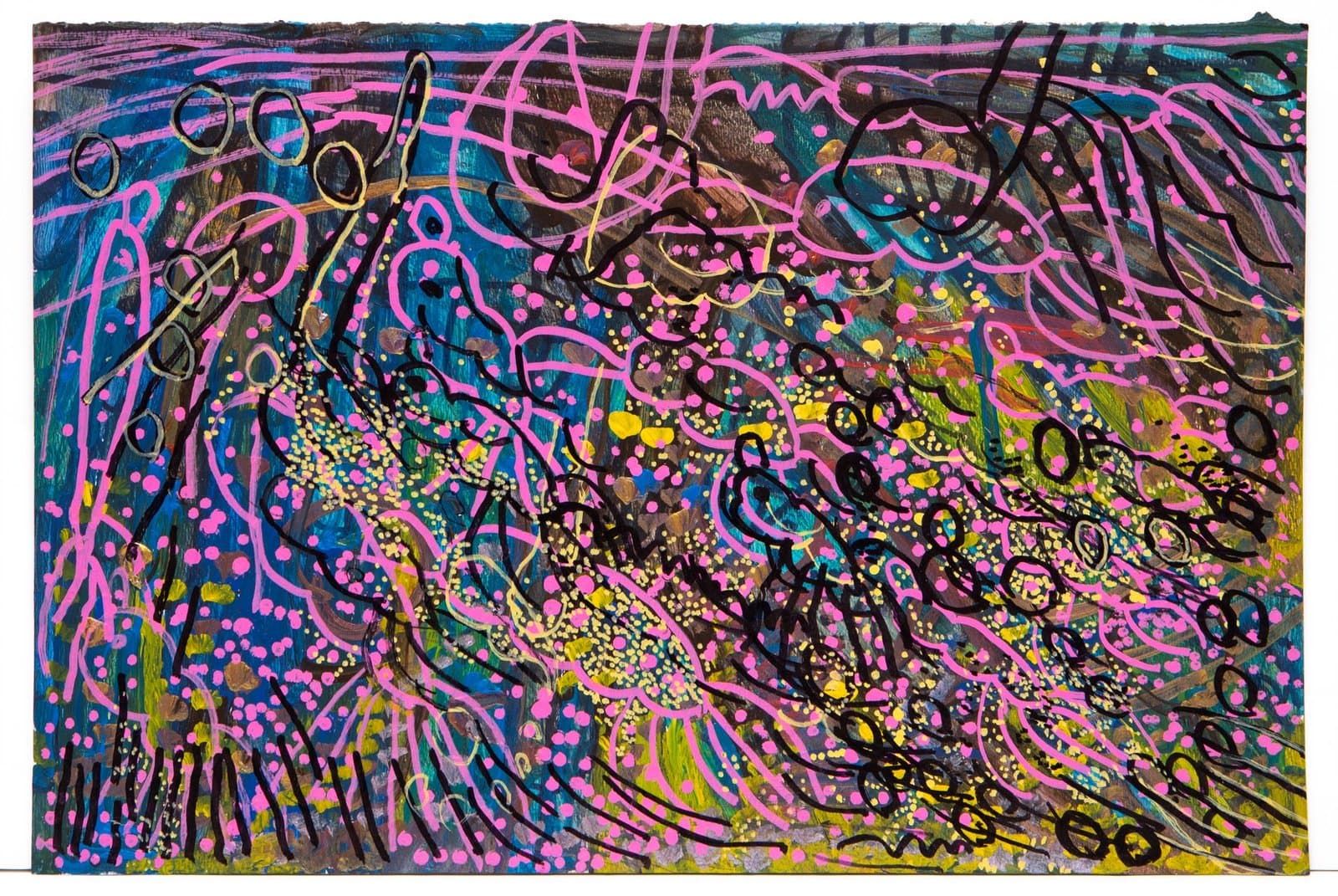 Abstract painting in acrylic with swirling pink lines, scattered dots, and circular forms in bright colors on paper.