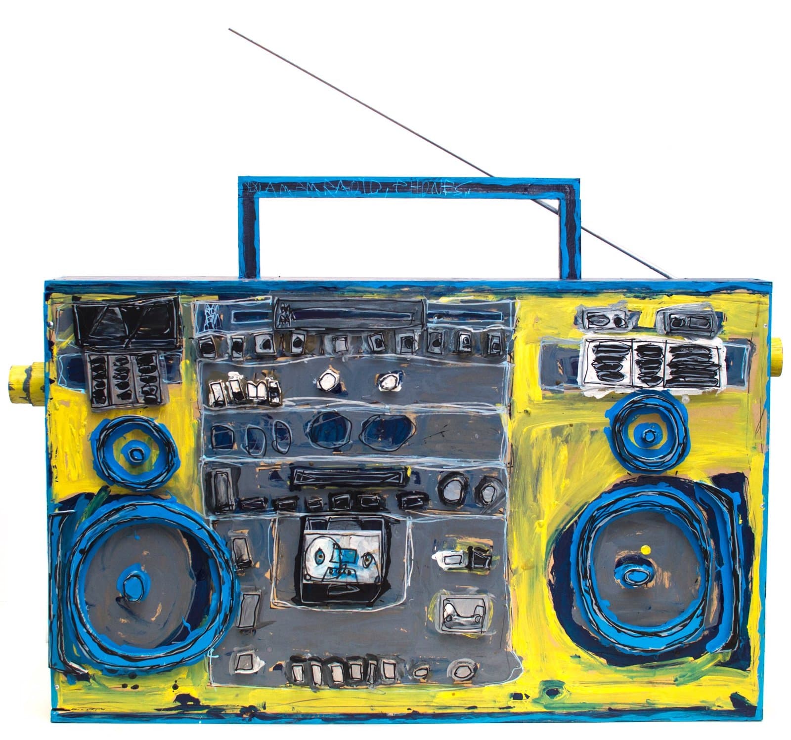 Painting of a yellow and gray boom box radio with blue speakers and antenna on white background