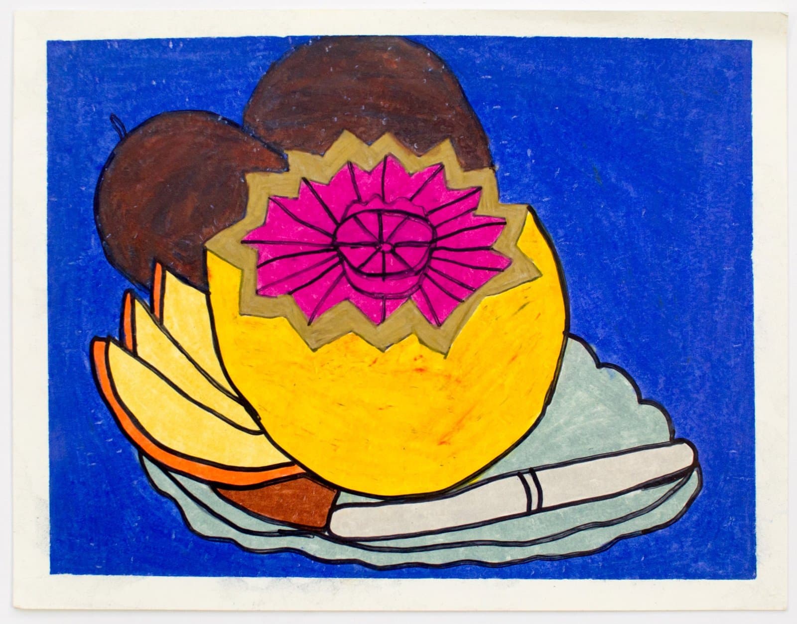 Colorful print depicting hands holding a cracked-open yellow sphere revealing a pink flower center on blue background