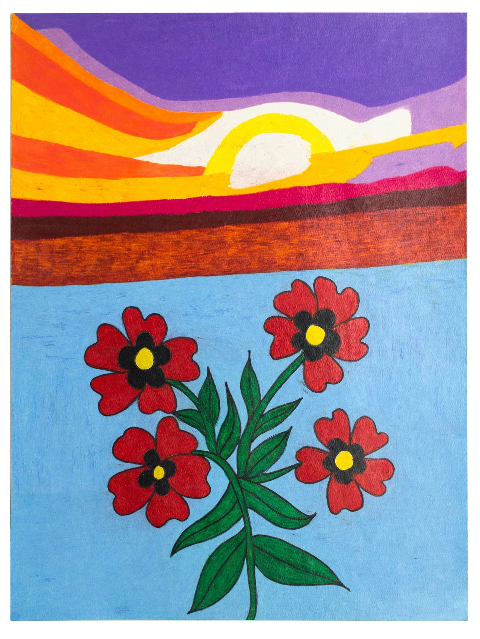 Colored pencil and ink drawing of four red flowers on a green stem against a blue foreground and colorful sunset sky.