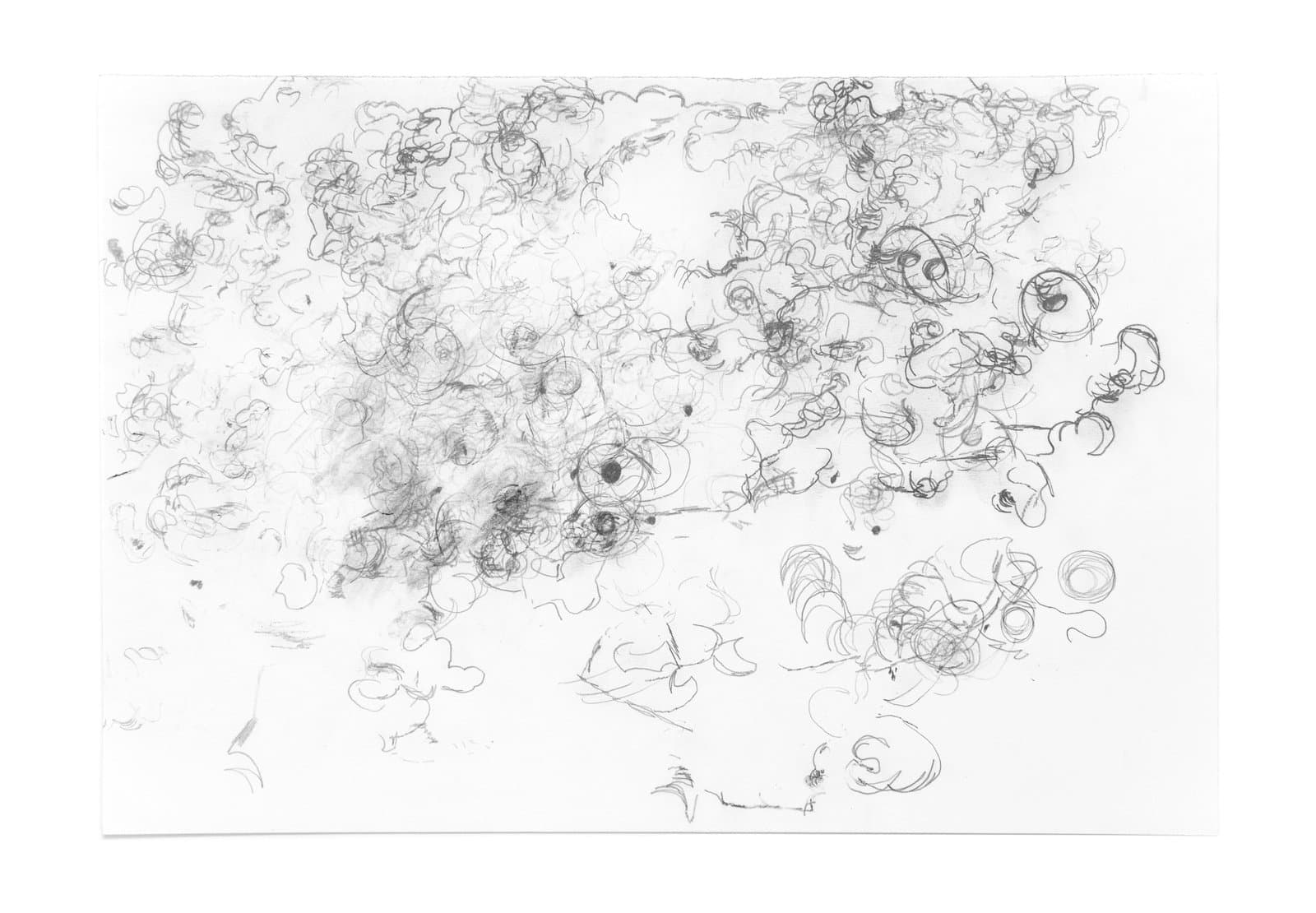Abstract graphite drawing with dense, swirling looped marks clustered across white paper, thinning toward the lower right.