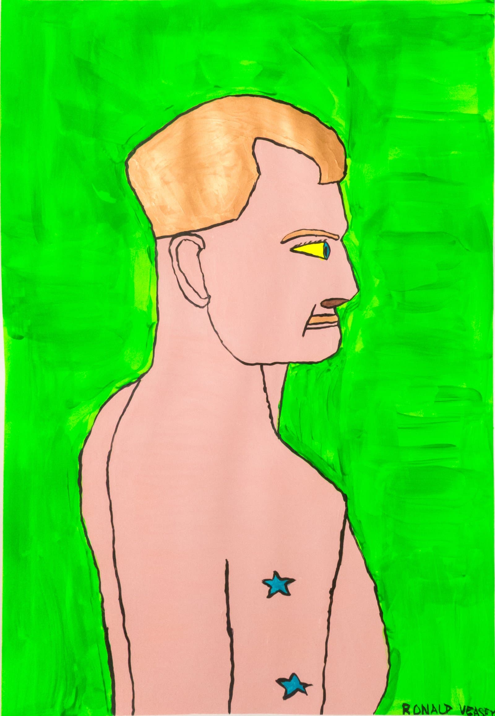 Figurative painting in acrylic of a shirtless man in profile with orange hair, a yellow eye, and blue stars on his torso against a bright green background.