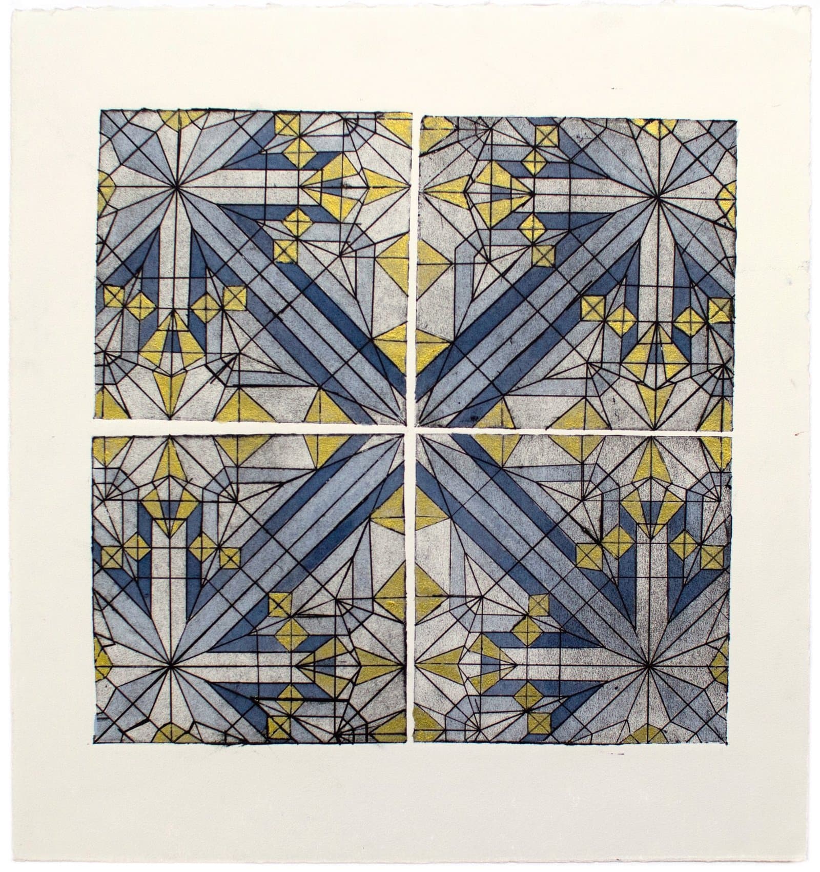 Four-panel geometric drawing with radiating star patterns in blue, yellow, and gray colored pencil on white paper.