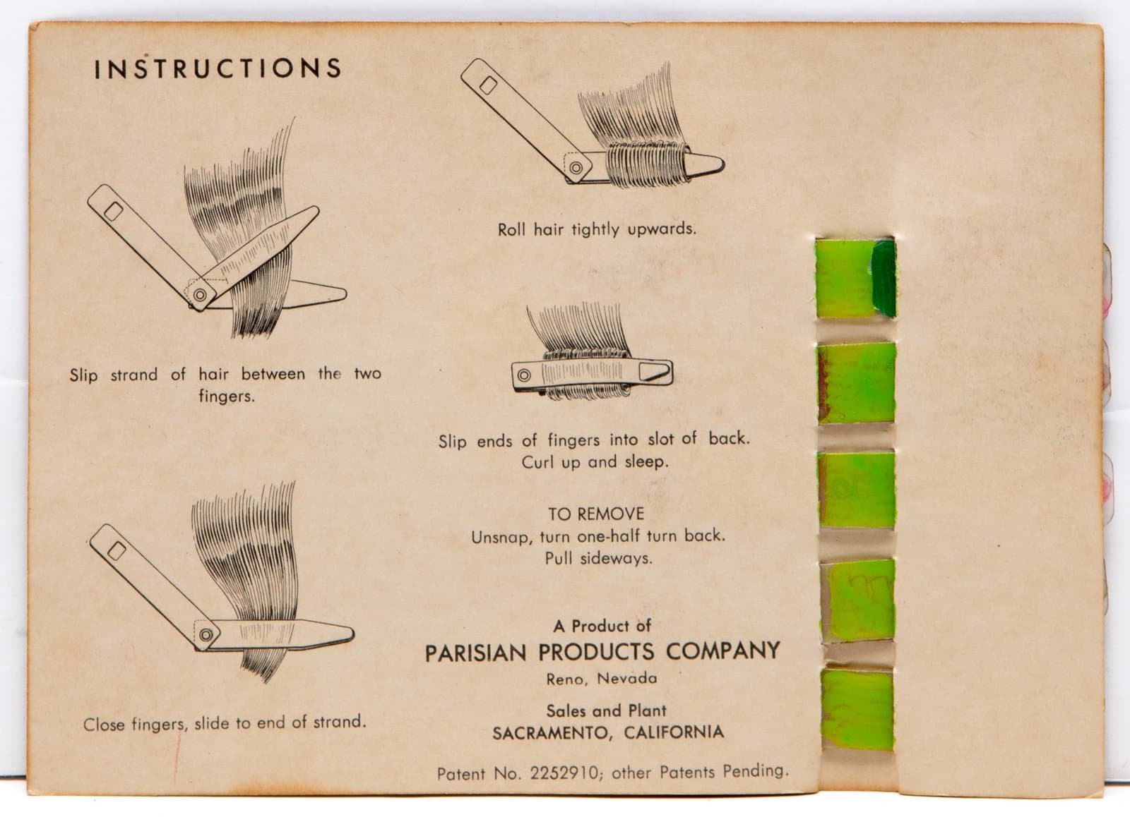 Mixed media artwork with vintage hair curler instructions sheet and five green painted squares on right edge.