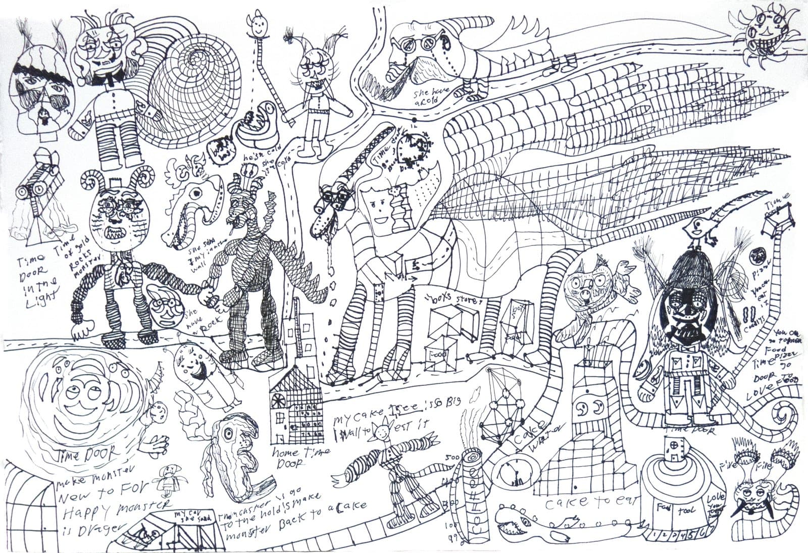 Dense pen and ink drawing covering entire page with fantastical creatures, figures, text, and intricate patterns on white paper.