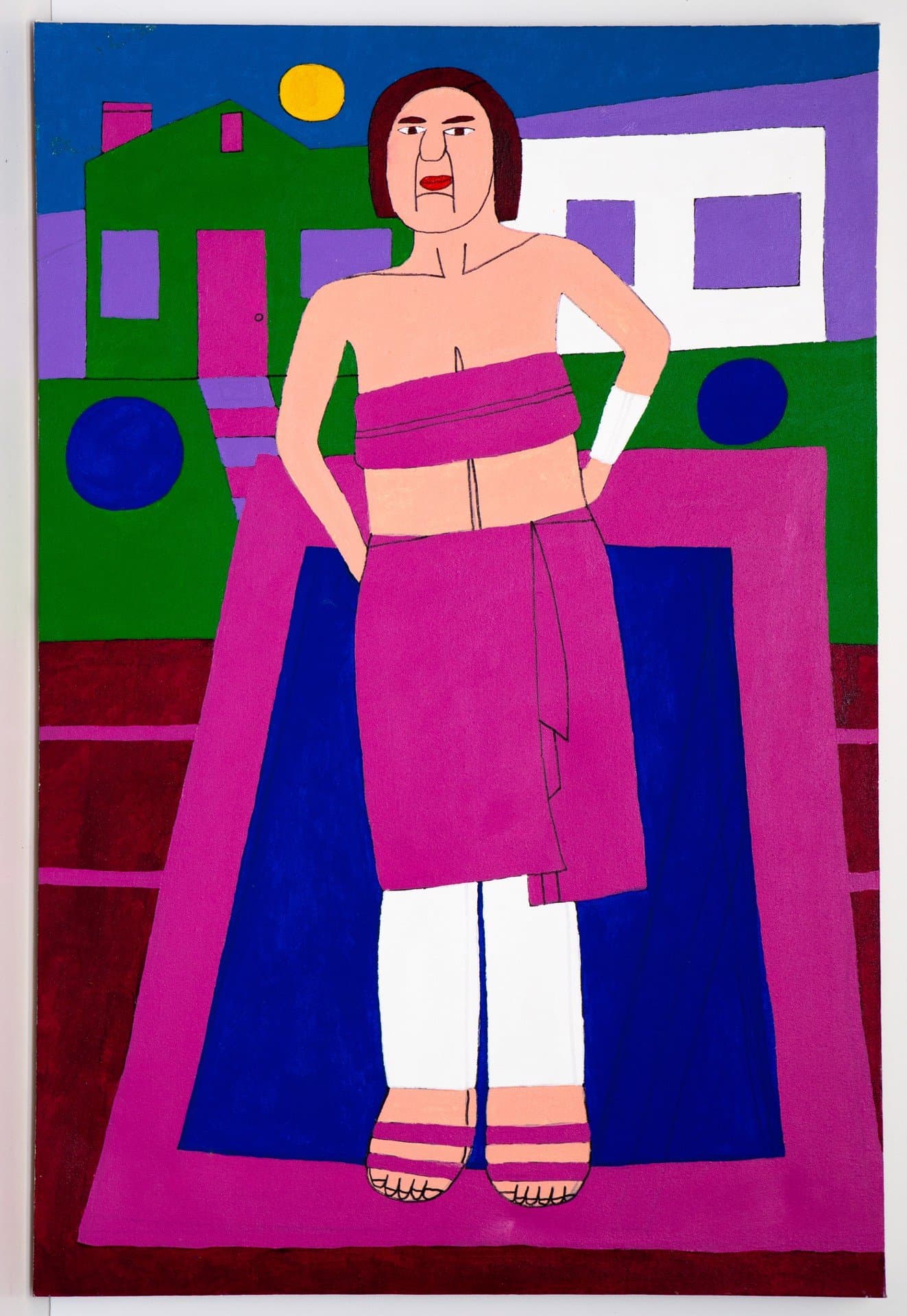 Acrylic painting of a figure in pink wrap garment standing against geometric architectural background in bright colors