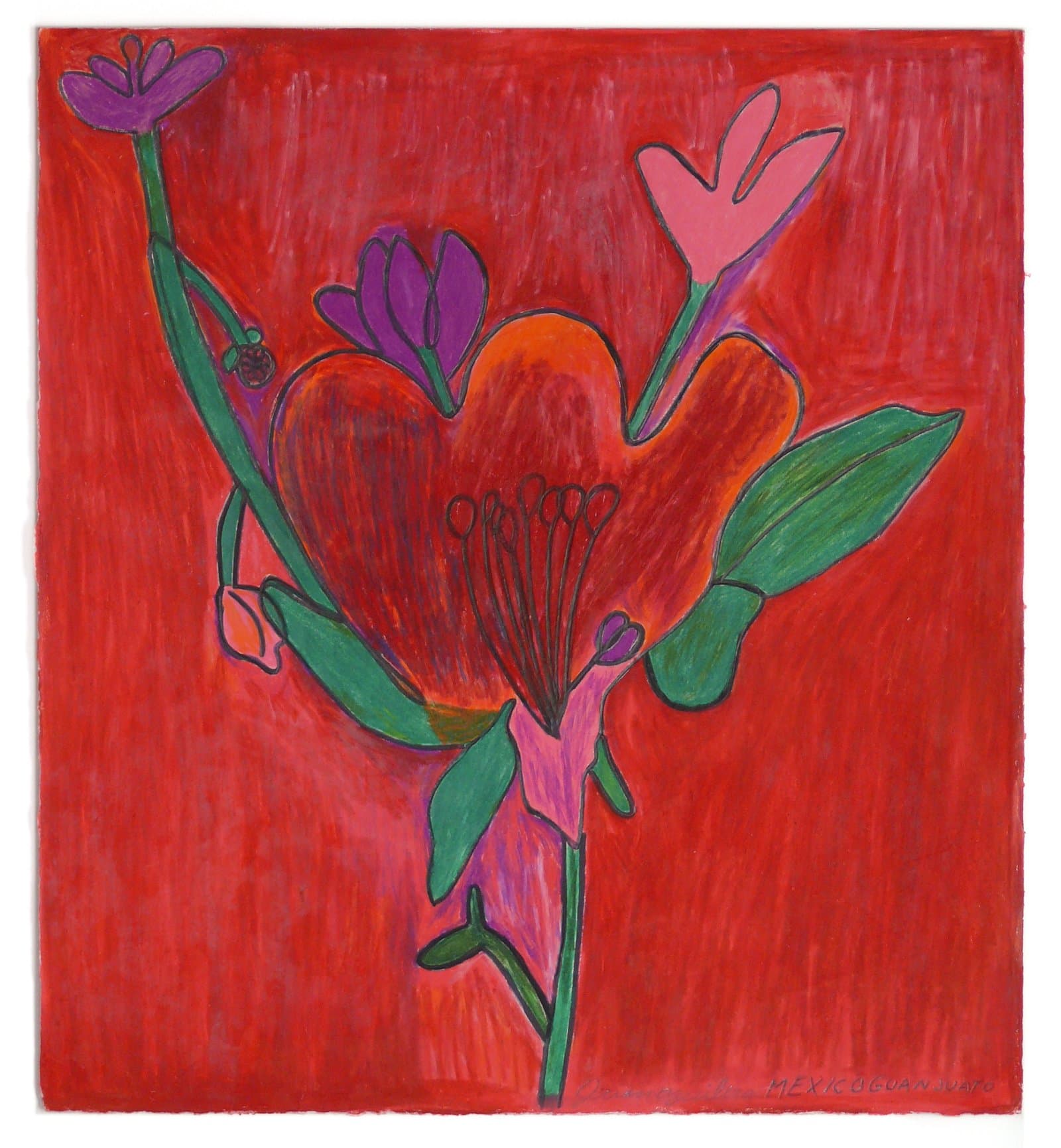 Colored pencil drawing of bold floral arrangement in red, purple, pink, and green on a vivid red background.