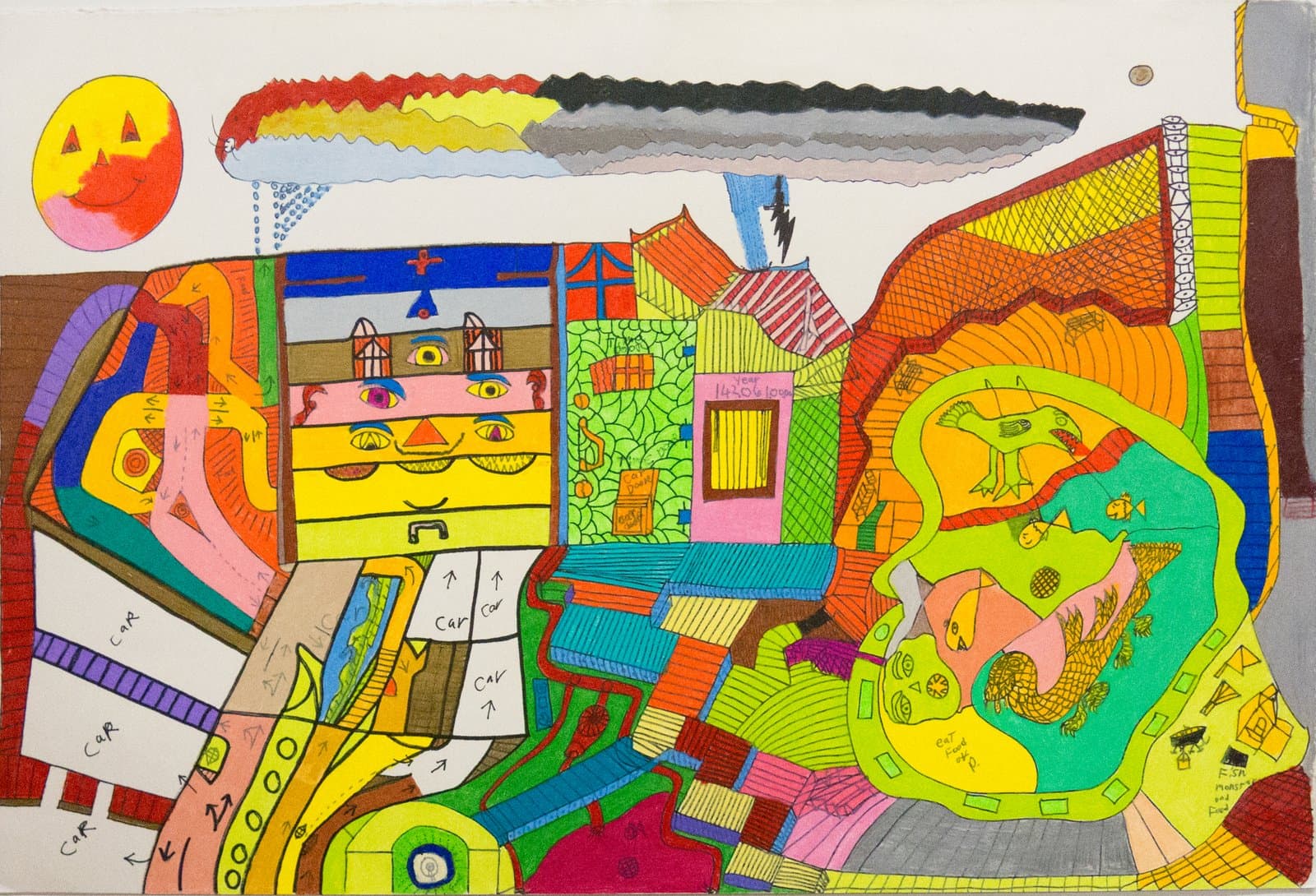 Dense, colorful drawing of an imaginary cityscape with buildings, a jack-o'-lantern sun, and patterned surfaces in marker and pencil.