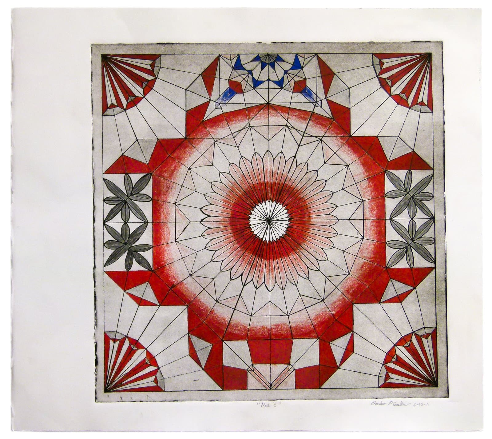 Symmetrical geometric print with a central red mandala-like rosette, fan motifs, and floral forms in red, gray, and blue.