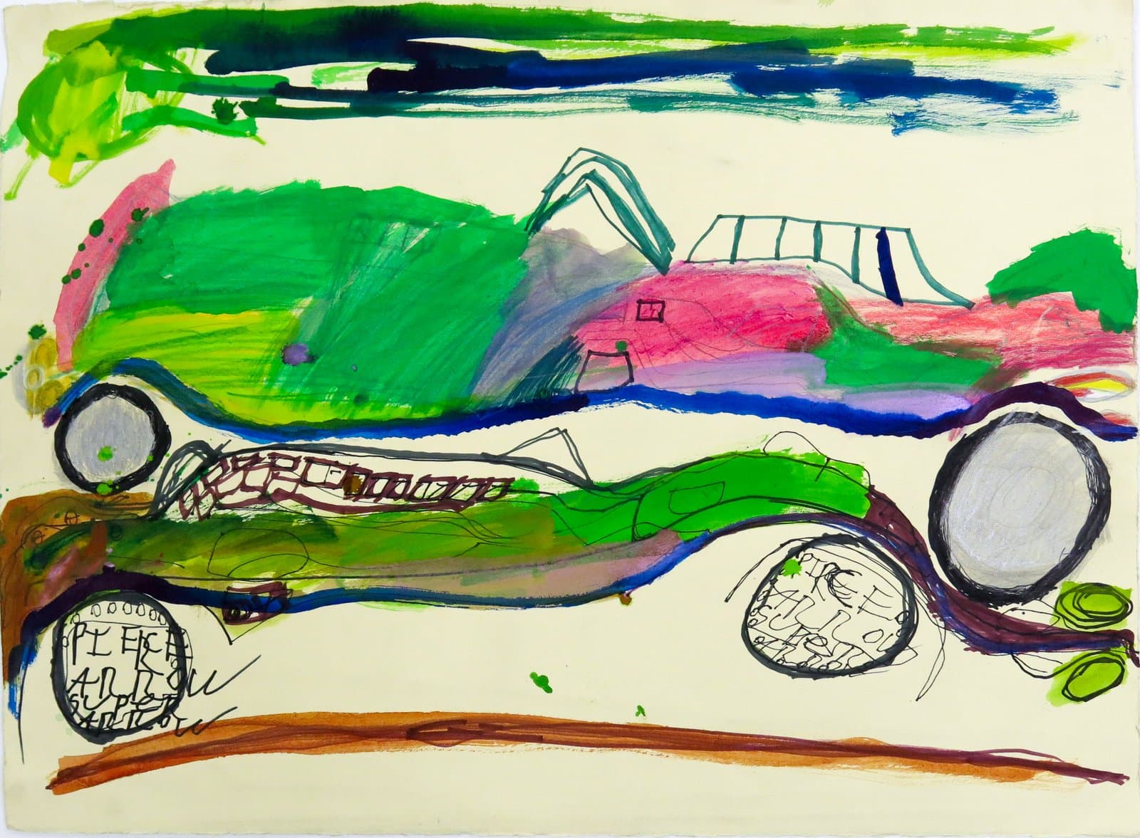 Mixed media drawing of a low-slung racecar in green, pink, and blue with circular wheels containing handwritten text.