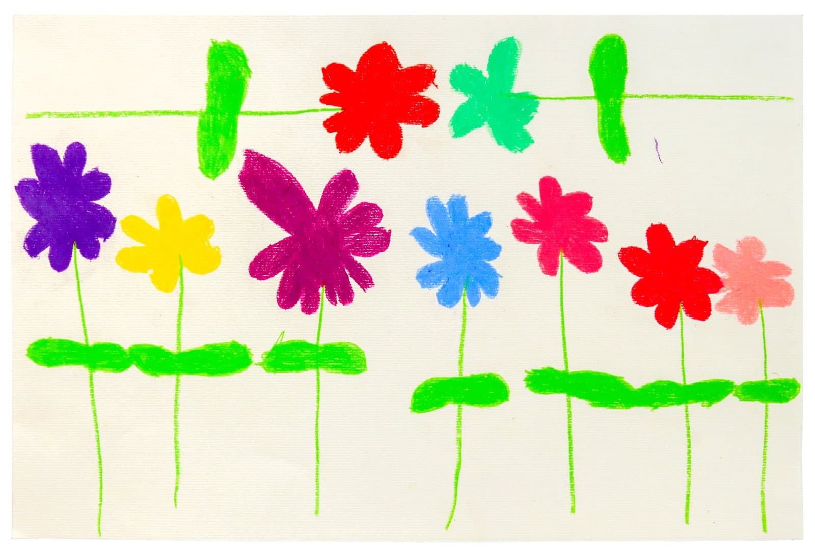 Painting of colorful flowers with green stems and leaves arranged in rows on cream paper, in paint and crayon.