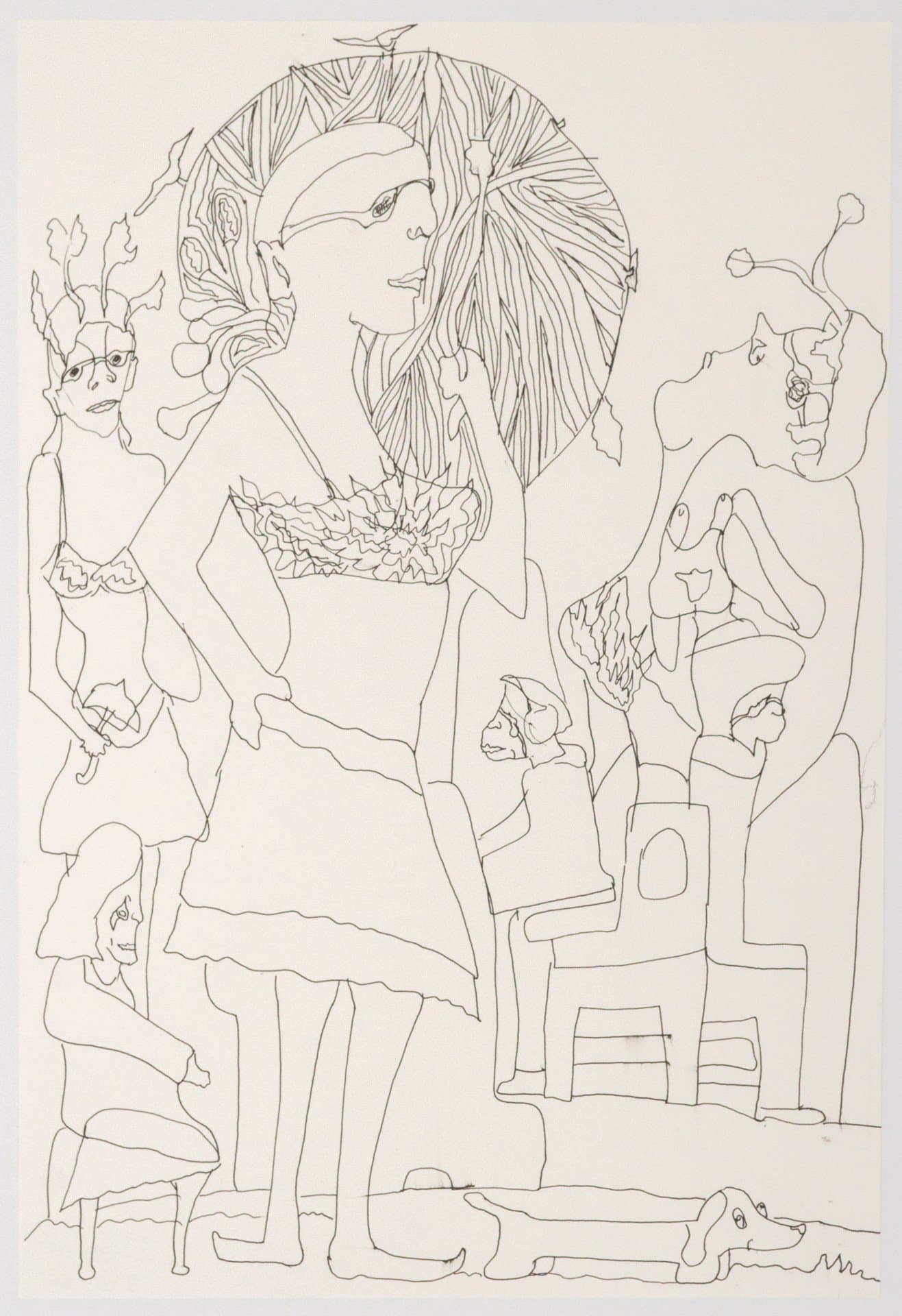 Line drawing on cream paper depicting multiple figures including a central crowned figure surrounded by various characters