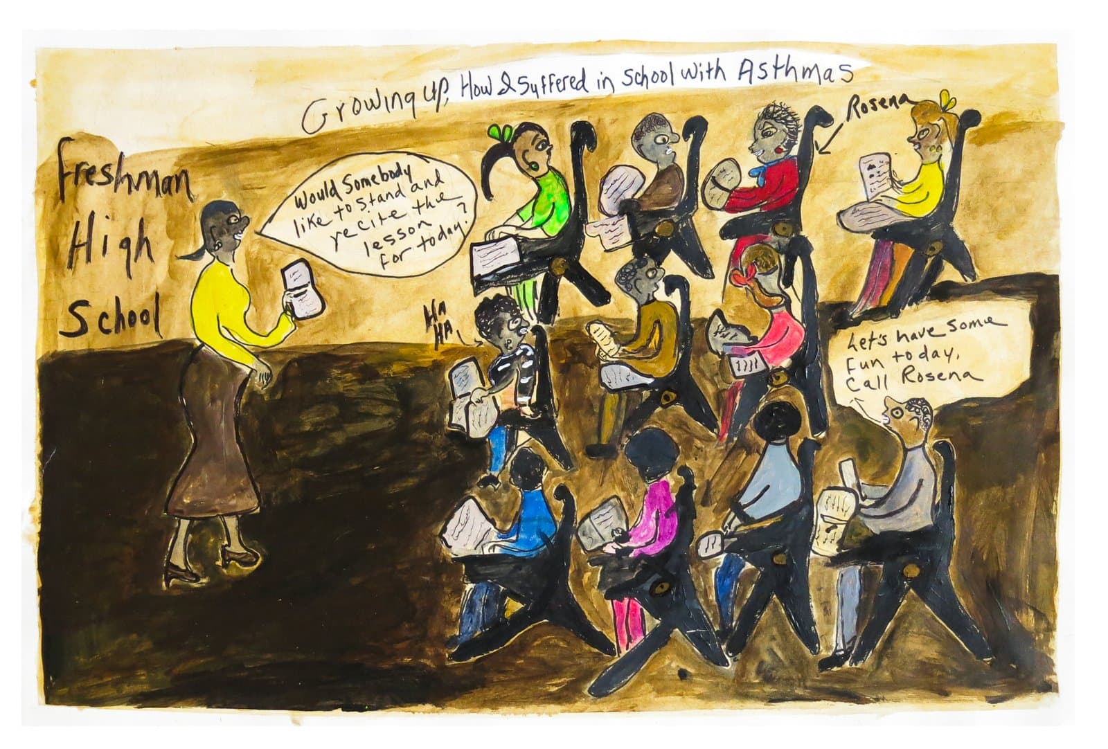 Narrative painting in acrylic and ink showing a teacher and students in a high school classroom, with handwritten text and speech bubbles.