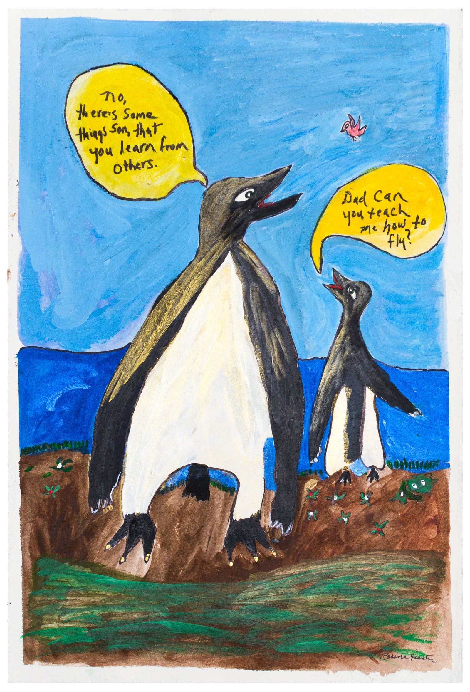 Acrylic and ink drawing of two penguins with yellow speech bubbles on a blue and brown landscape background.