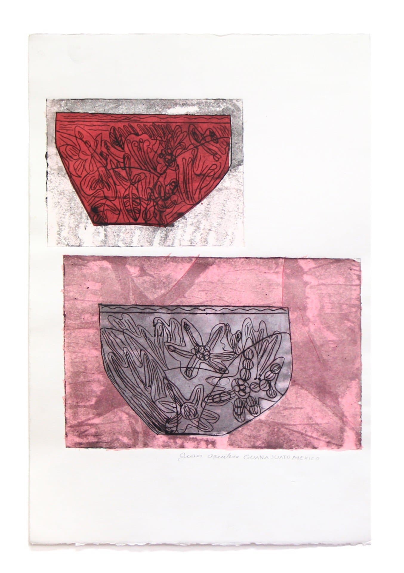 Hand-colored etching showing two bowl-shaped forms with floral patterns in red and pink tones
