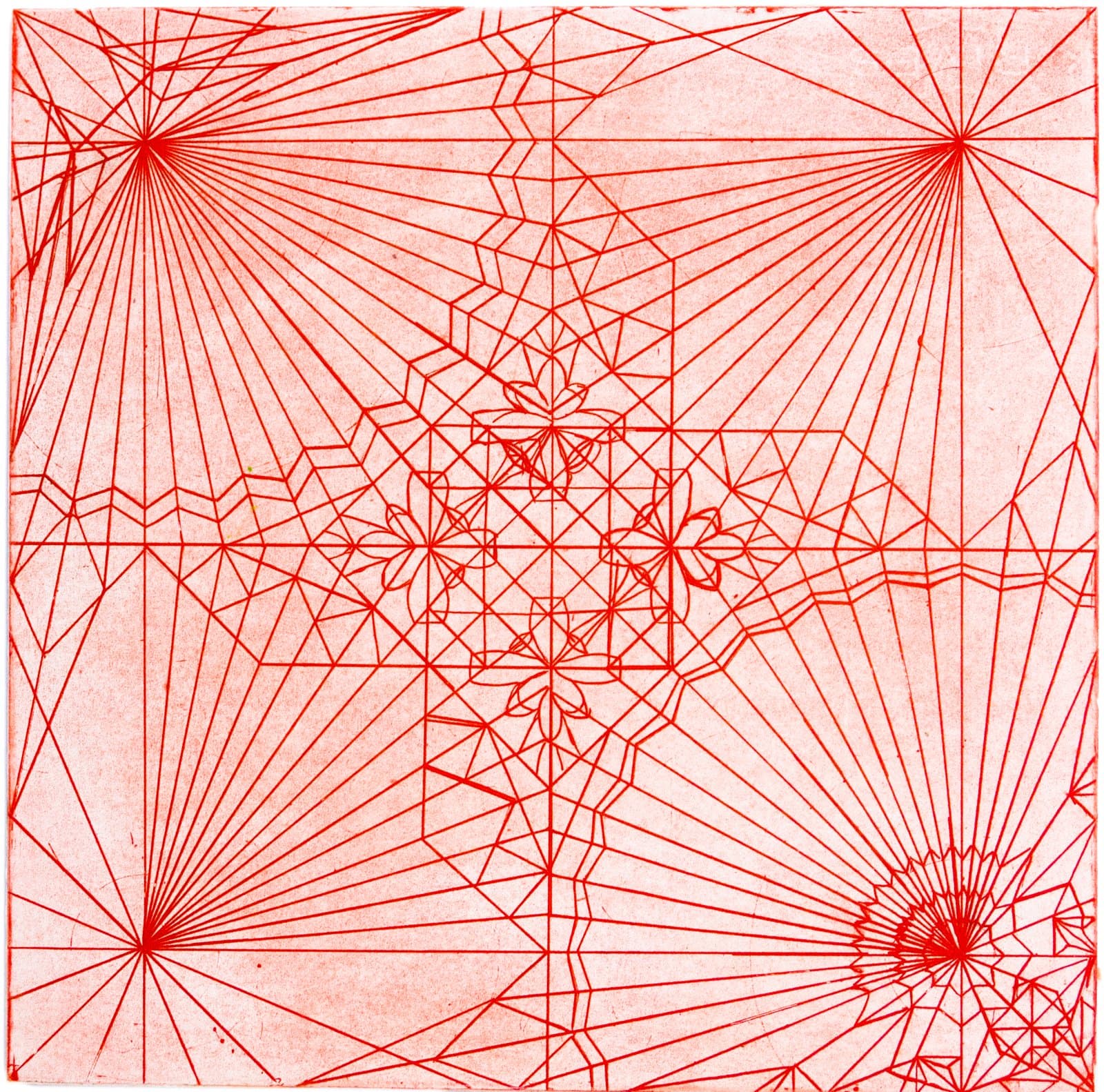 Geometric drawing in red ink on pale pink paper with radiating lines, grid structures, and floral forms at center.