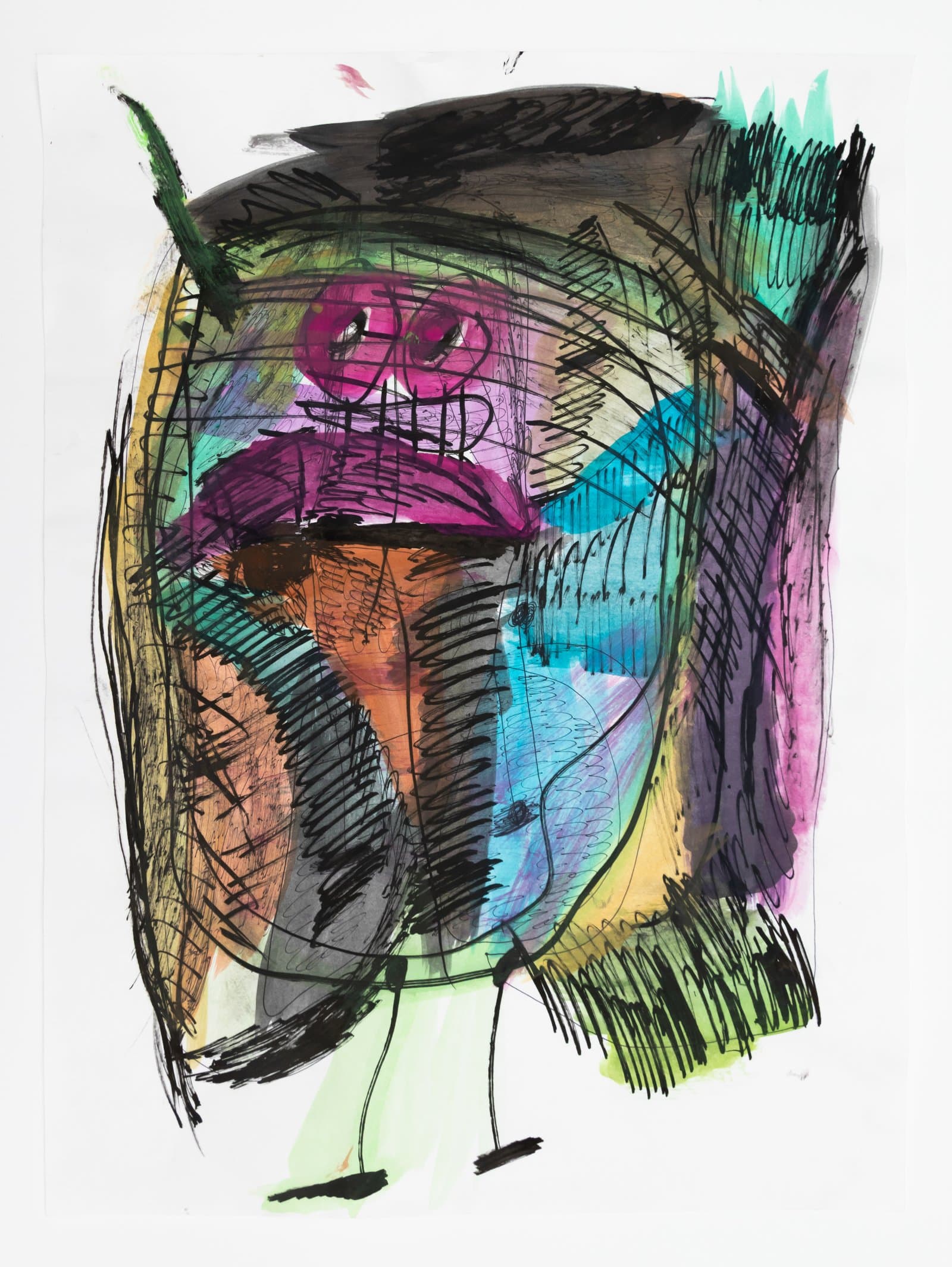 Abstract figurative drawing in watercolor and ink featuring a large face-like form in magenta, teal, orange, and black on white paper.
