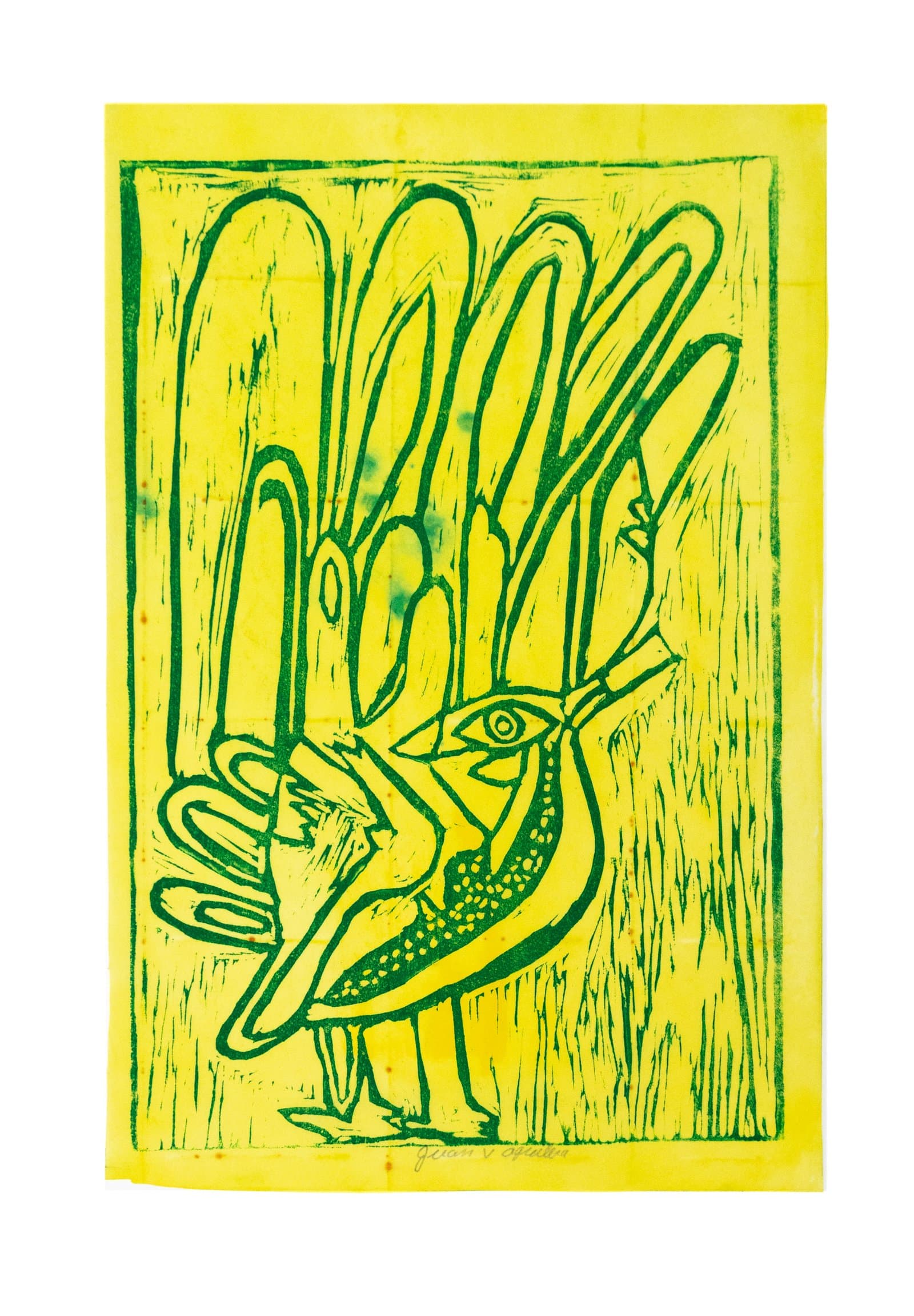 Relief print of a stylized bird with an elaborate fan-shaped crest in green ink on bright yellow paper.