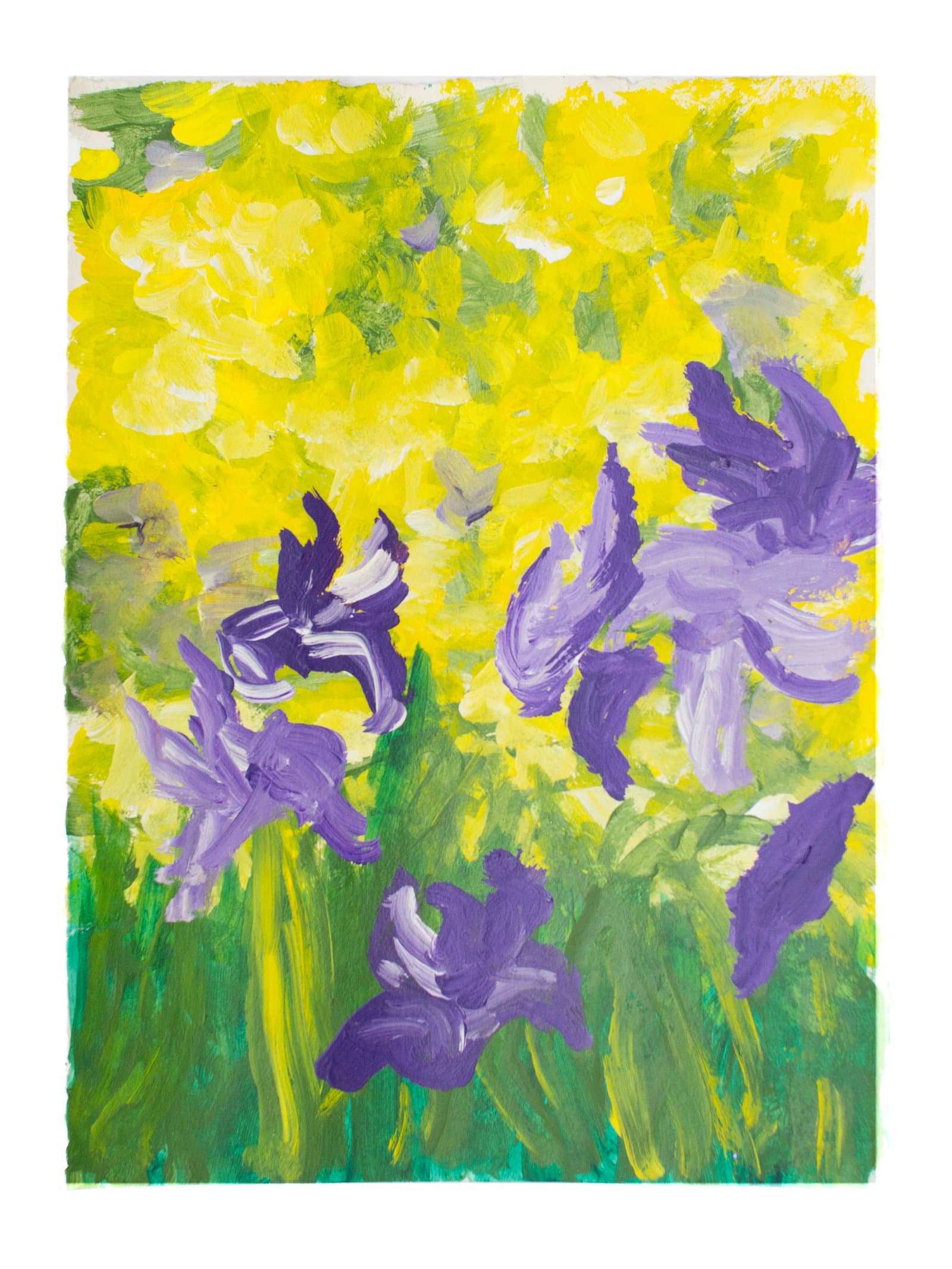 Acrylic painting of purple iris flowers against a bright yellow background with green stems and foliage.