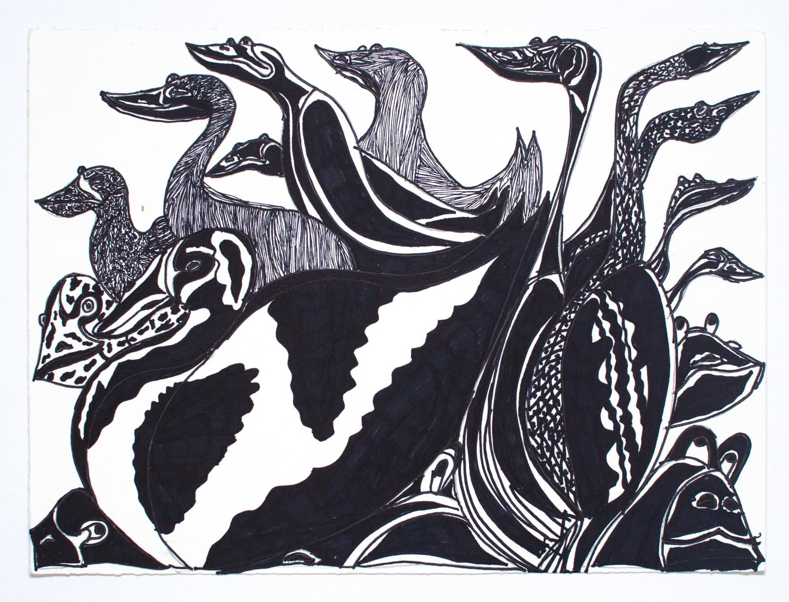 Black and white ink drawing densely filled with stylized birds and animal forms, including a prominent penguin, on white paper.