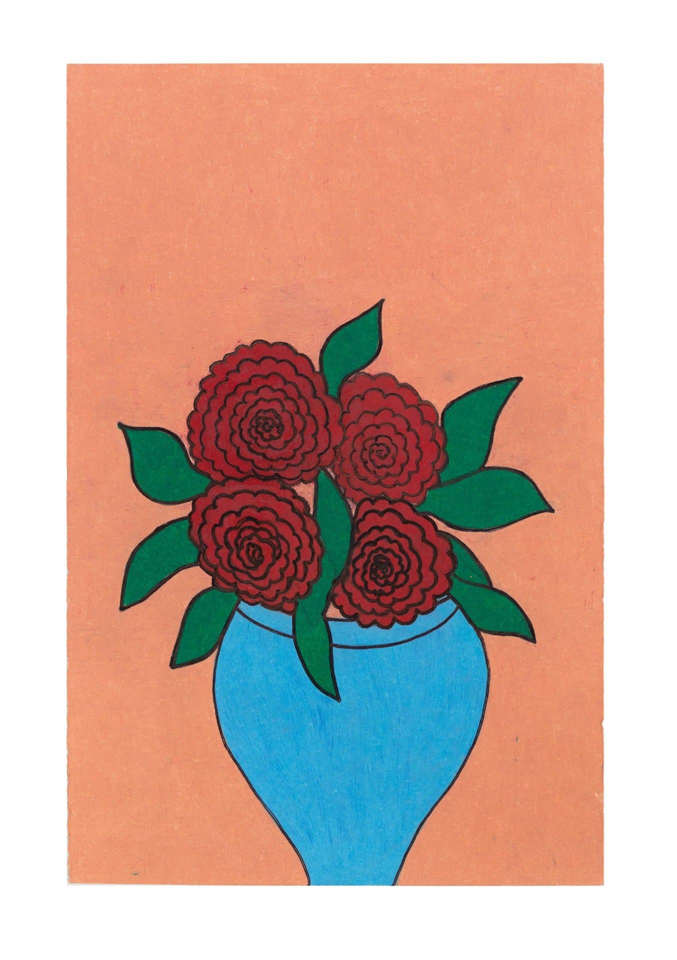 Still life drawing of red roses in blue vase, colored pencil on coral-orange paper.