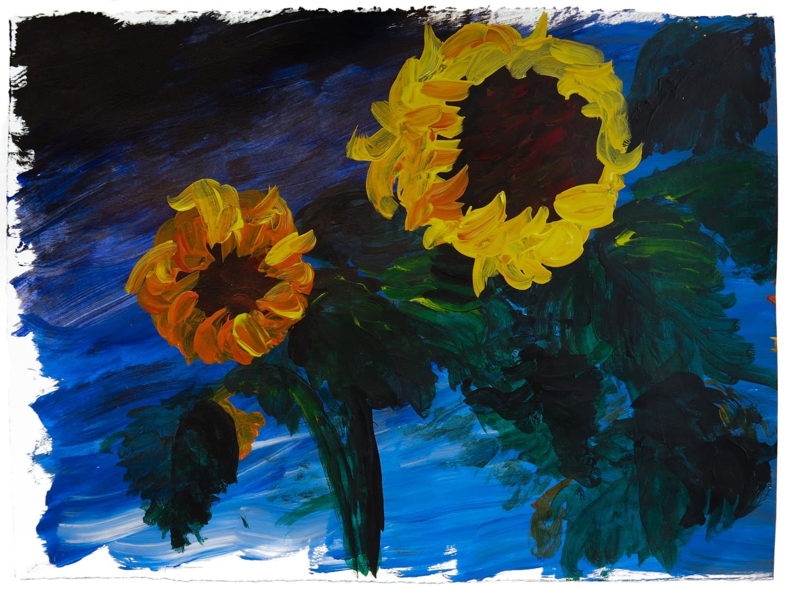 Acrylic painting of two sunflowers with yellow and orange petals against a bold blue and black background on paper.
