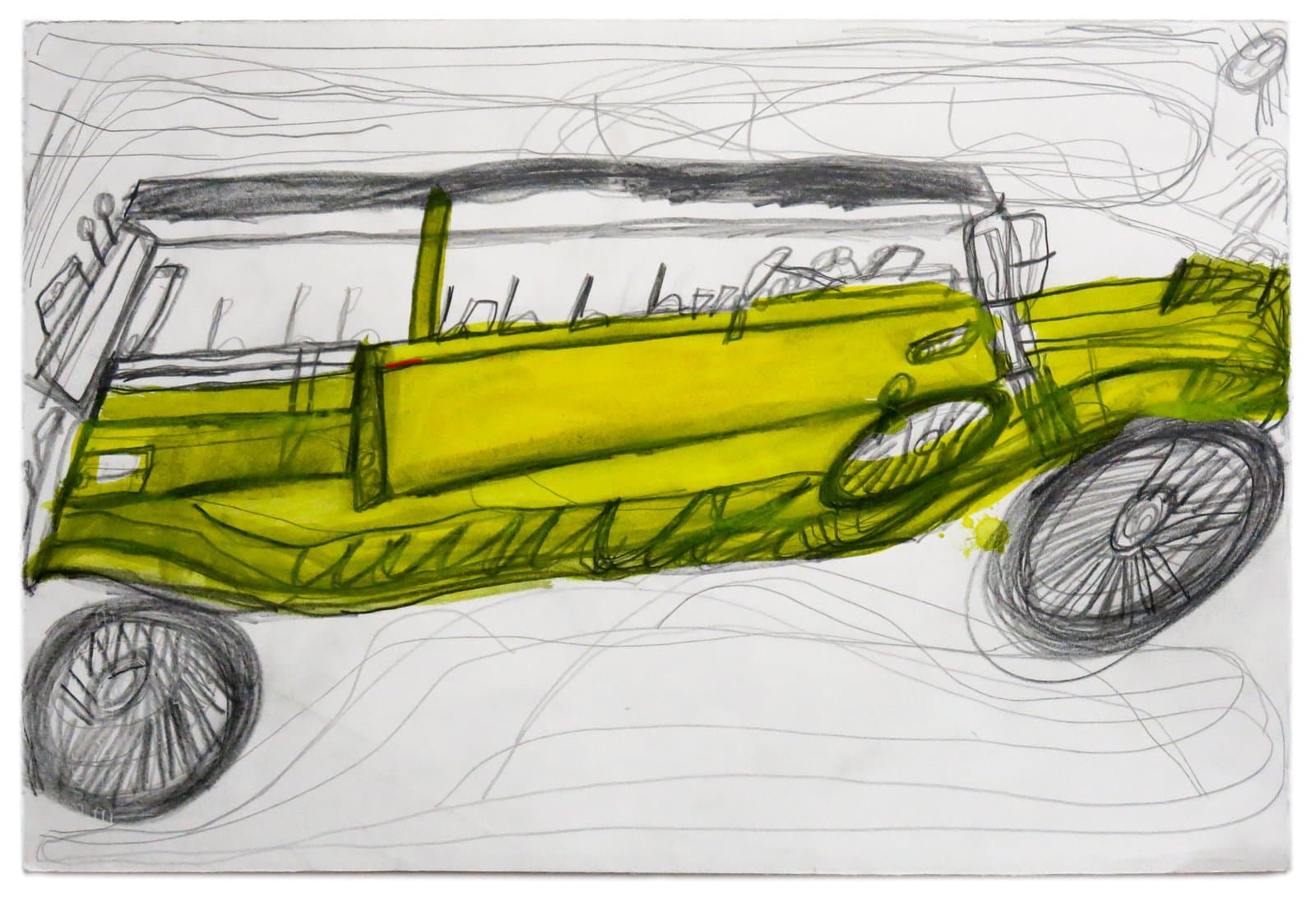 Drawing of a vintage open-top automobile in yellow-green watercolor and graphite pencil on white paper.