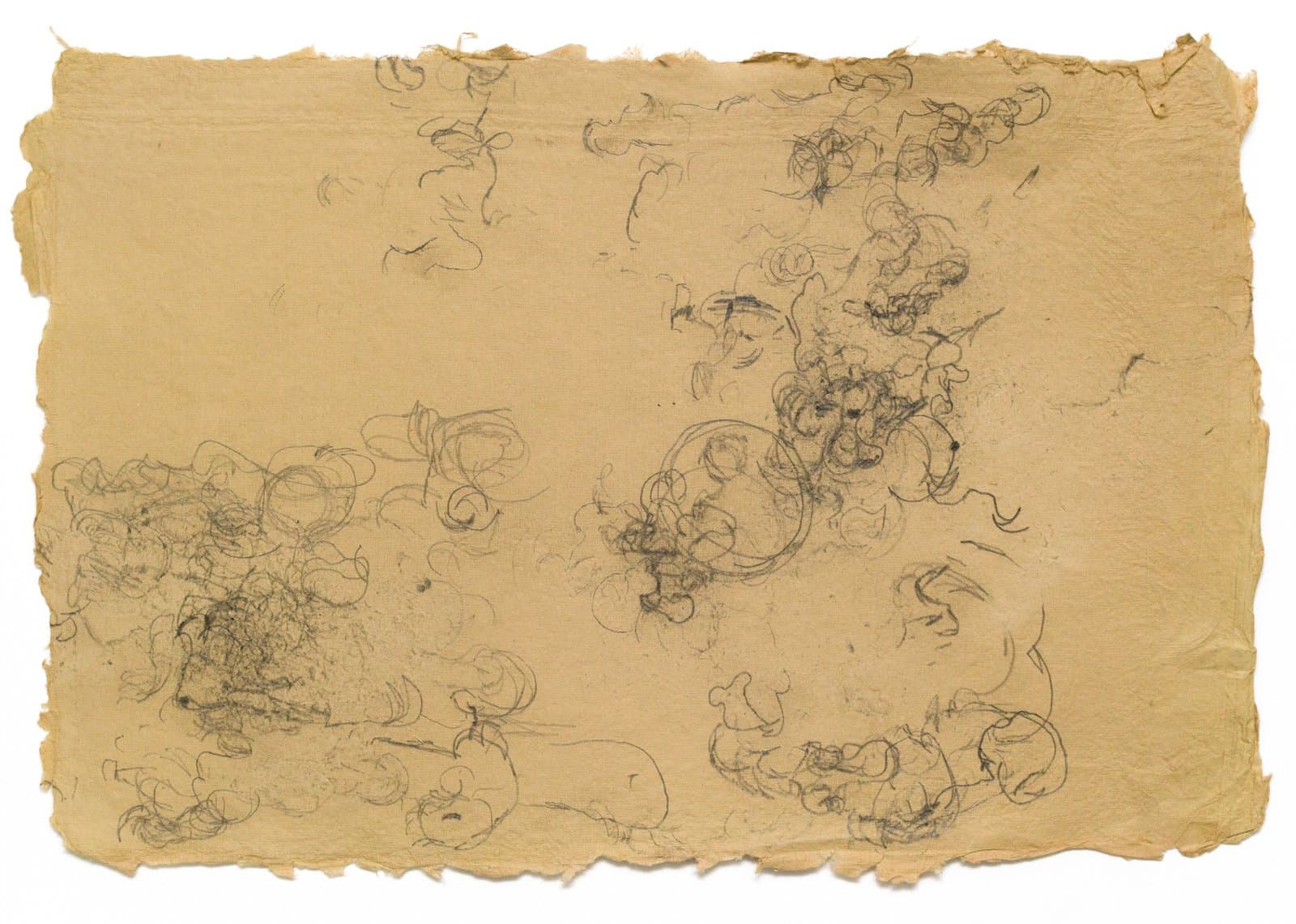 Abstract pencil drawing with loose, curling line clusters scattered across warm tan handmade paper with deckled edges.