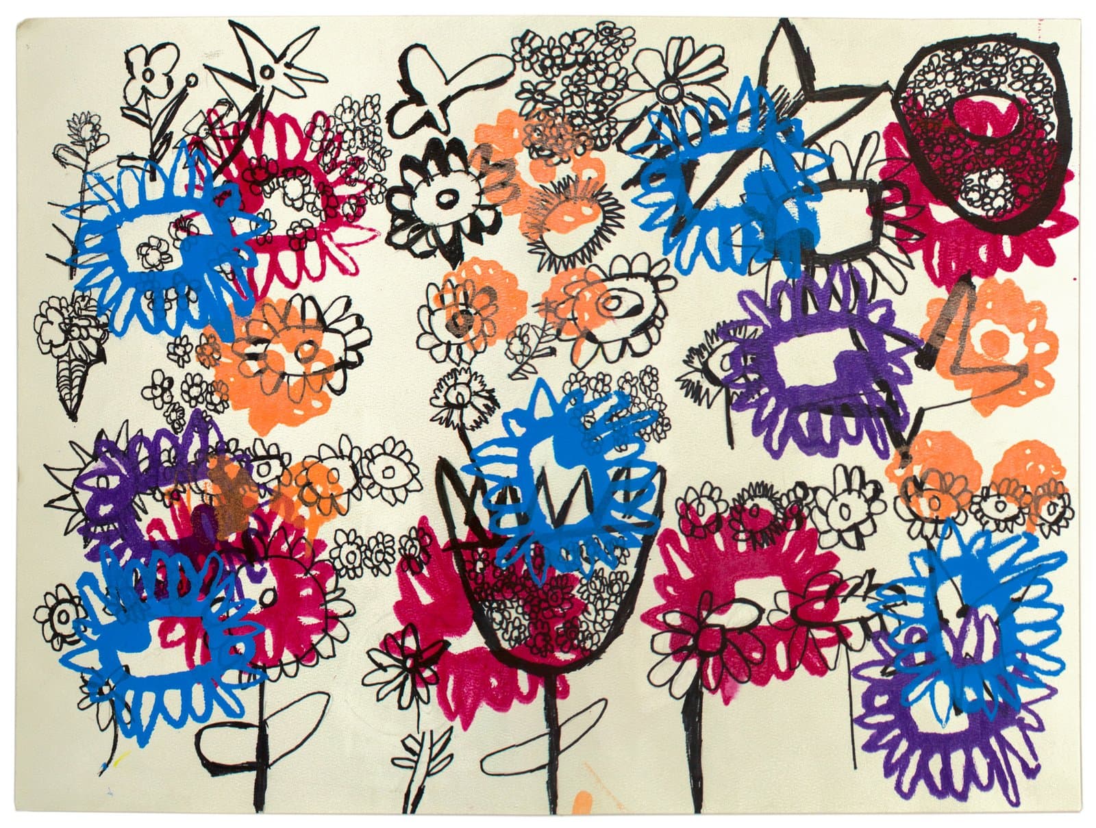 Drawing of densely layered flowers in marker on white paper, combining black line work with bold blue, pink, orange, and purple fills.