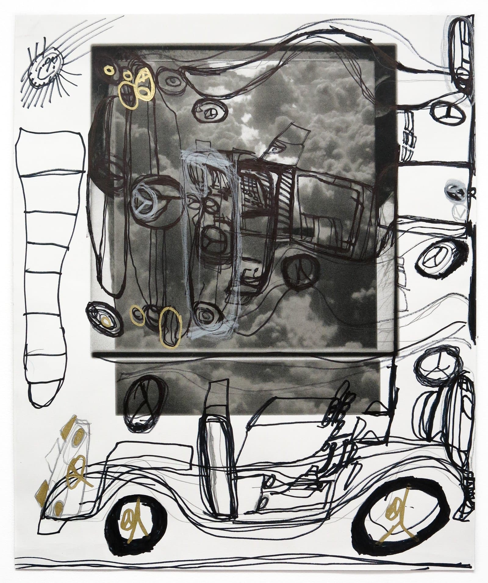 Mixed media drawing on paper with gestural black line vehicles, gold oval accents, and a central photographic cloudy sky panel.
