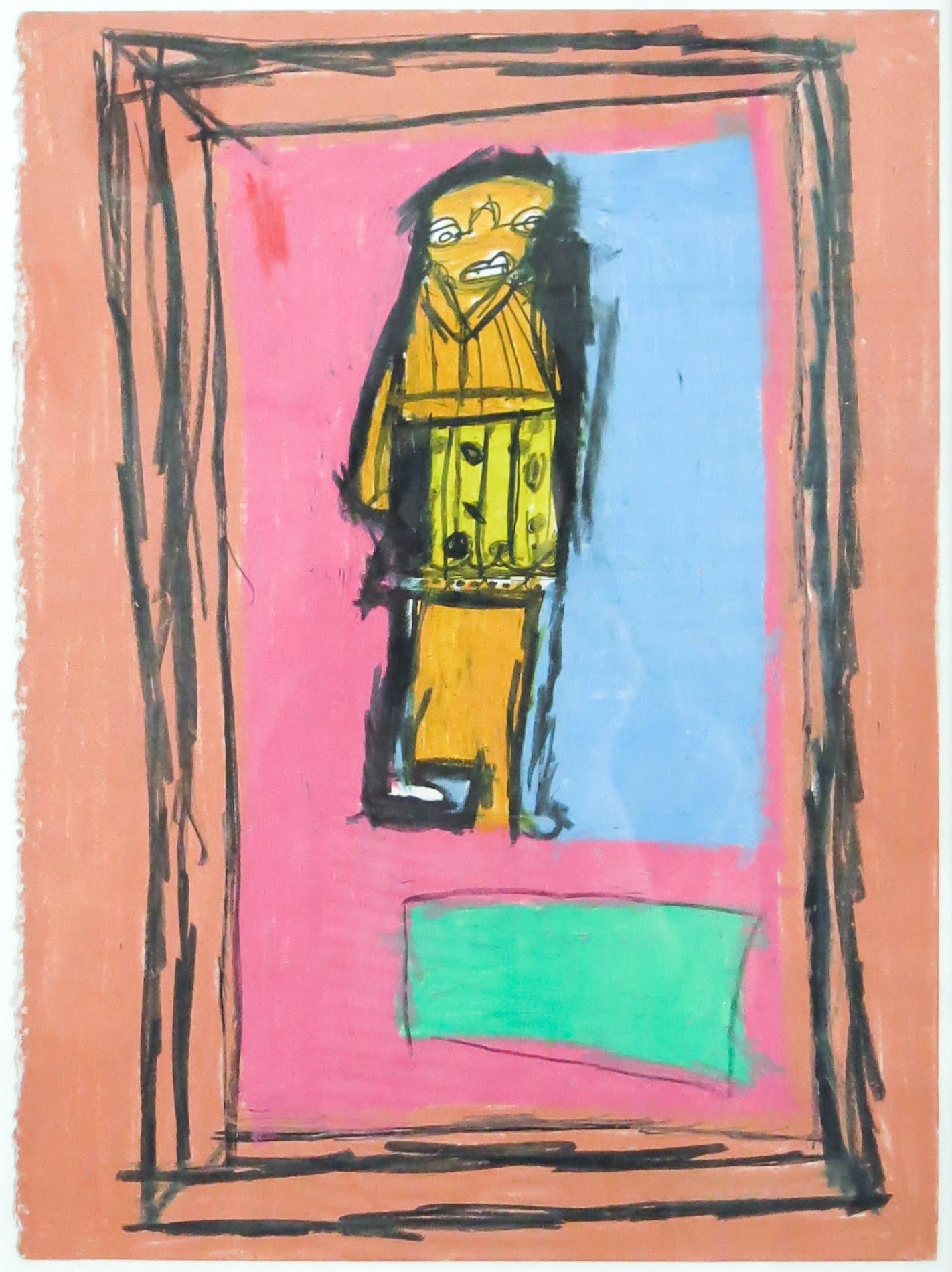 Pastel drawing of a standing human figure in yellow-orange on a pink and blue background, framed by a sketchy brown border.