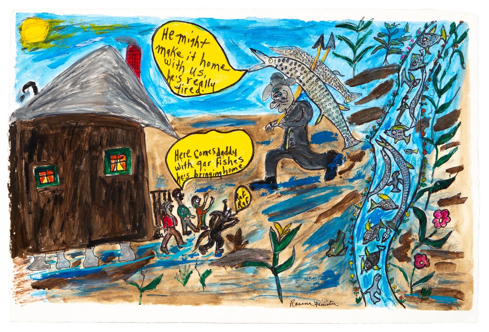 Narrative painting in acrylic and ink showing a figure carrying a large fish toward a brown house, with speech bubbles and a river of fish at right.